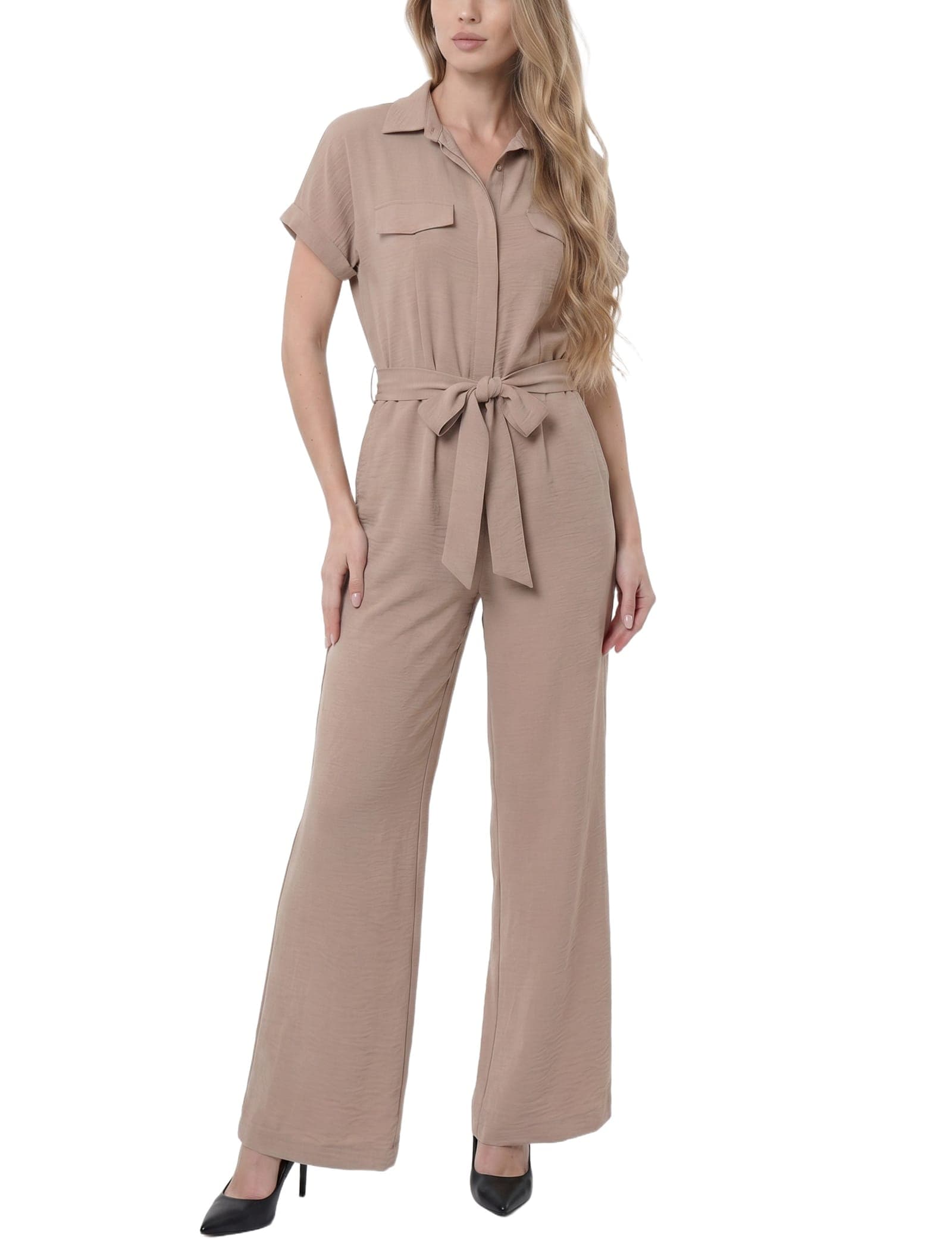 Petite Short Sleeve Belted Jumpsuit