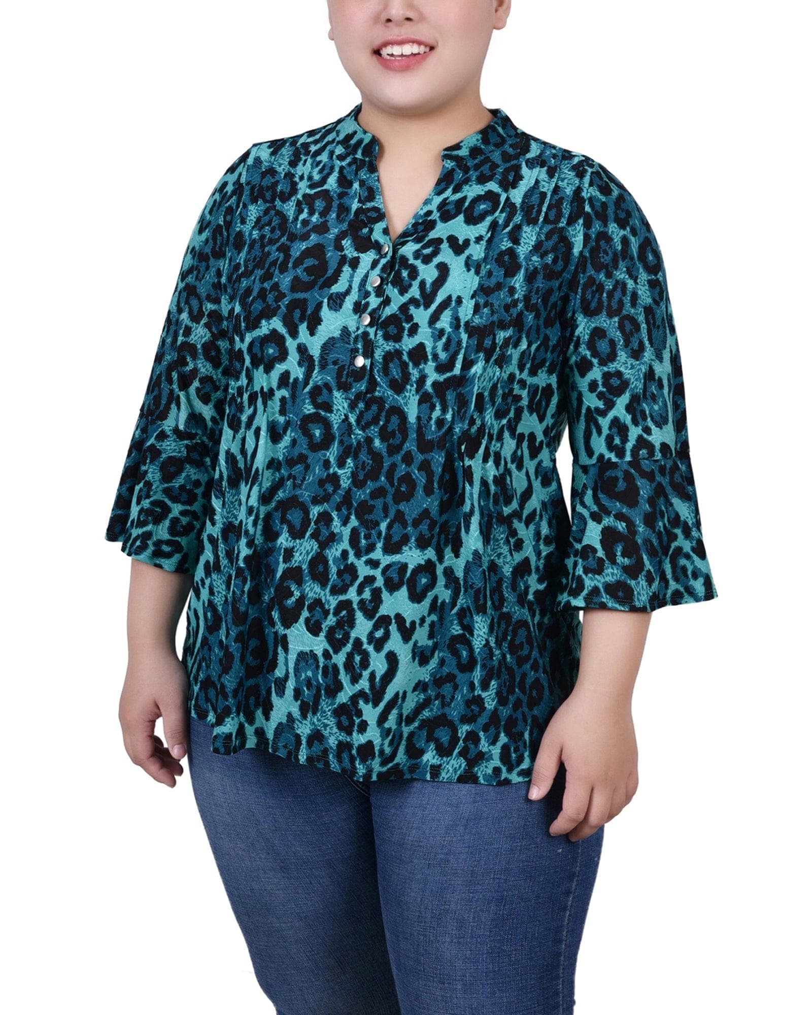 Plus Size 3/4 Bell Sleeve Pleat Front Y Neck Top