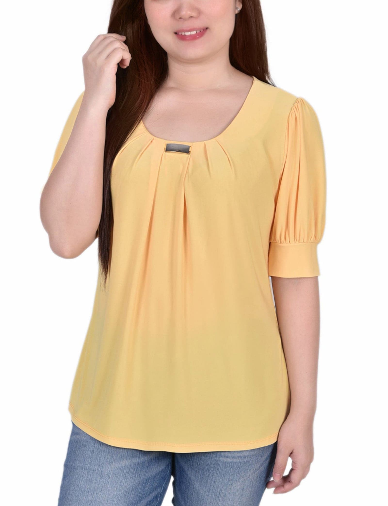 Short Sleeve Balloon Sleeve Top with Hardware