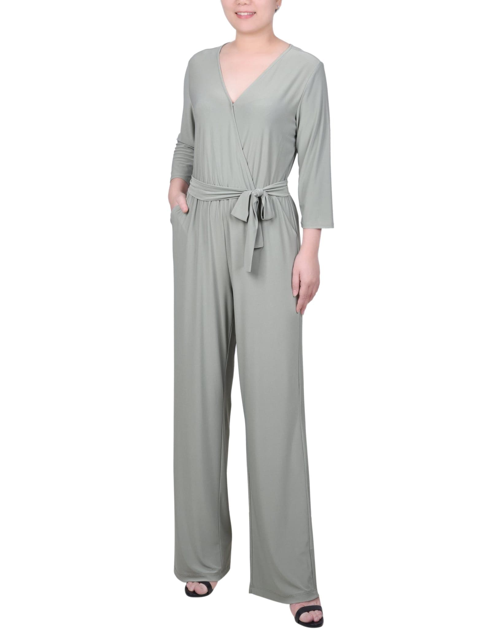 Petite 3/4 Sleeve Belted Jumpsuit
