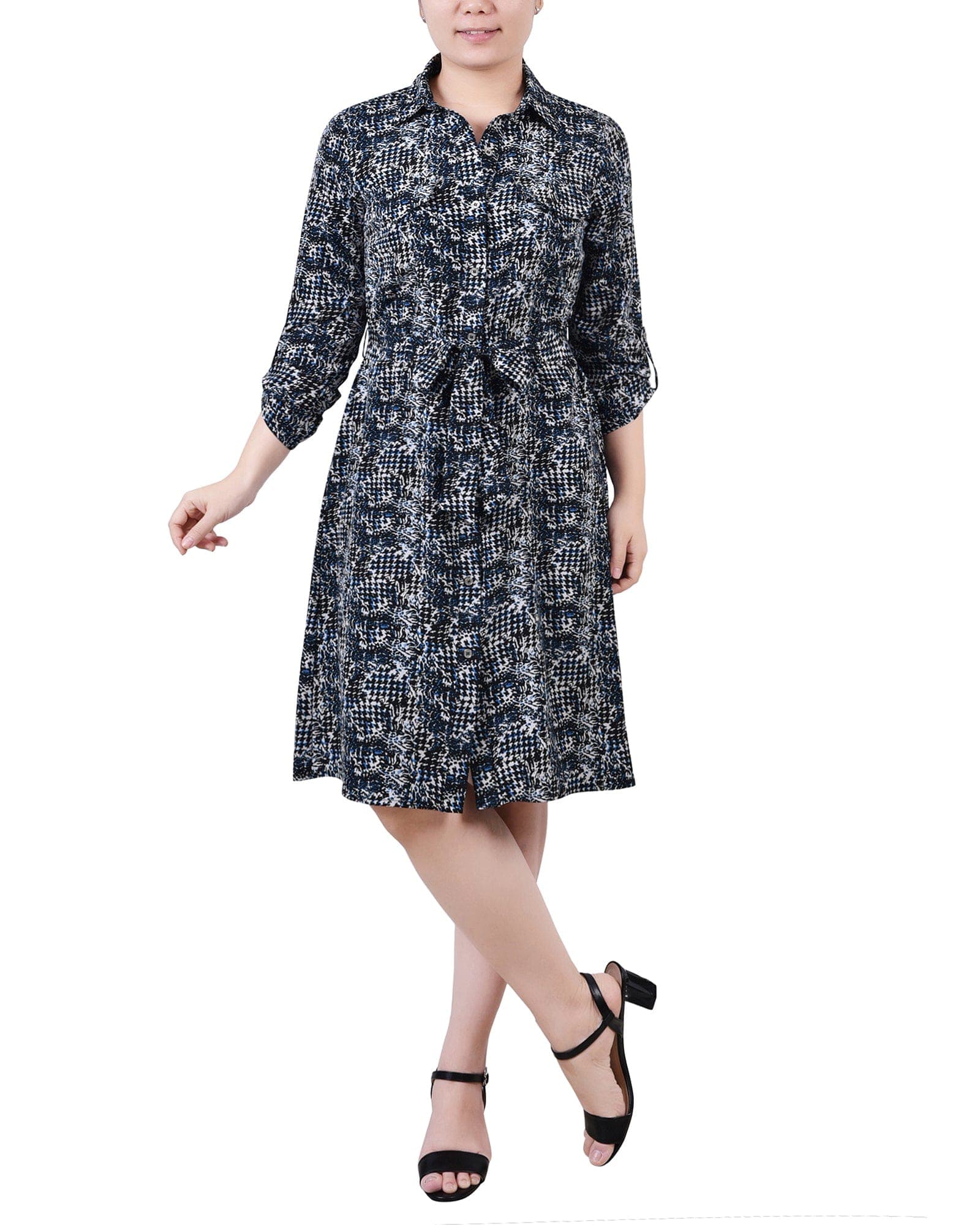 Petite 3/4 Roll Tab Sleeve Belted Shirtdress
