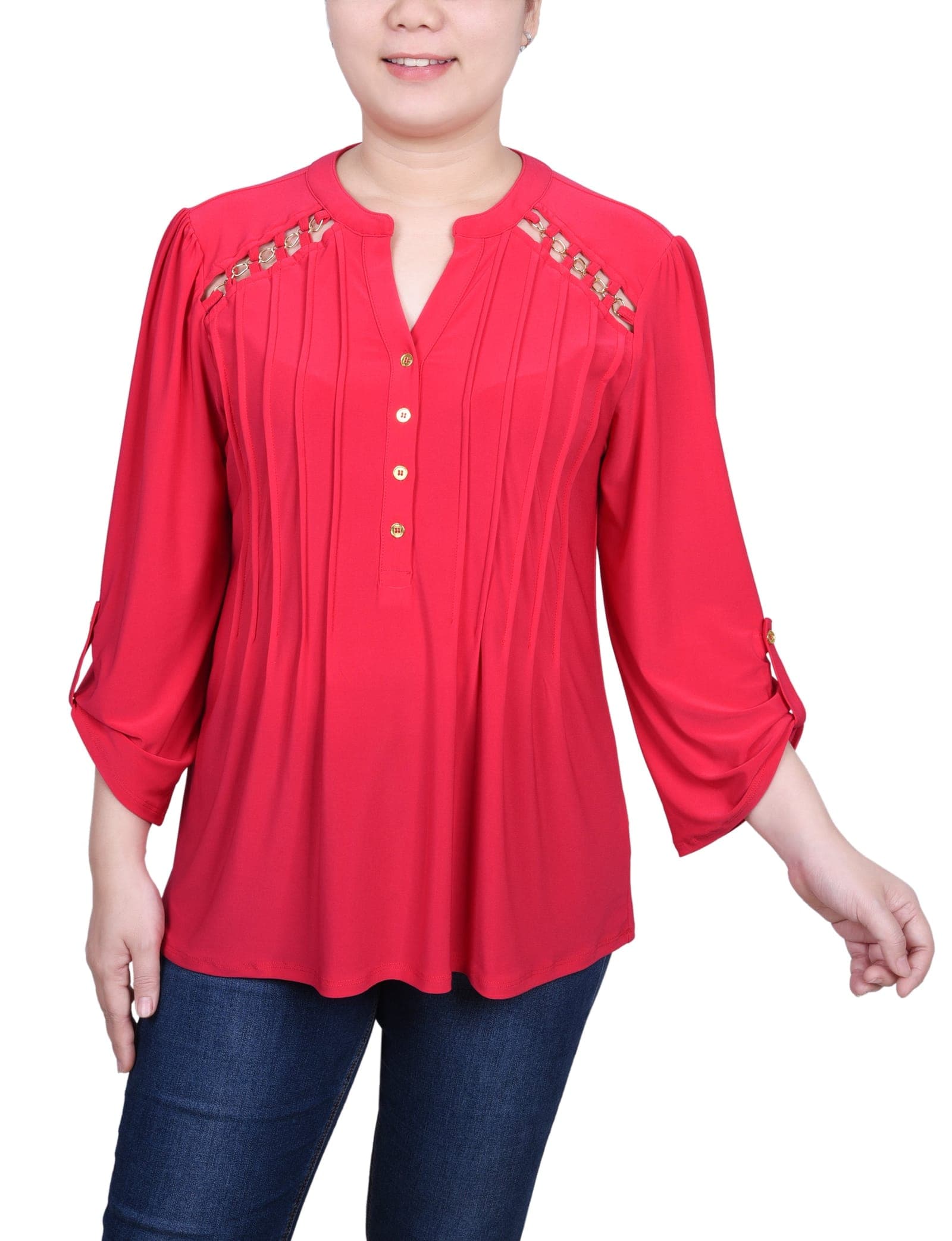 Petite Long Sleeve Pintuck Front Top with Chain Details