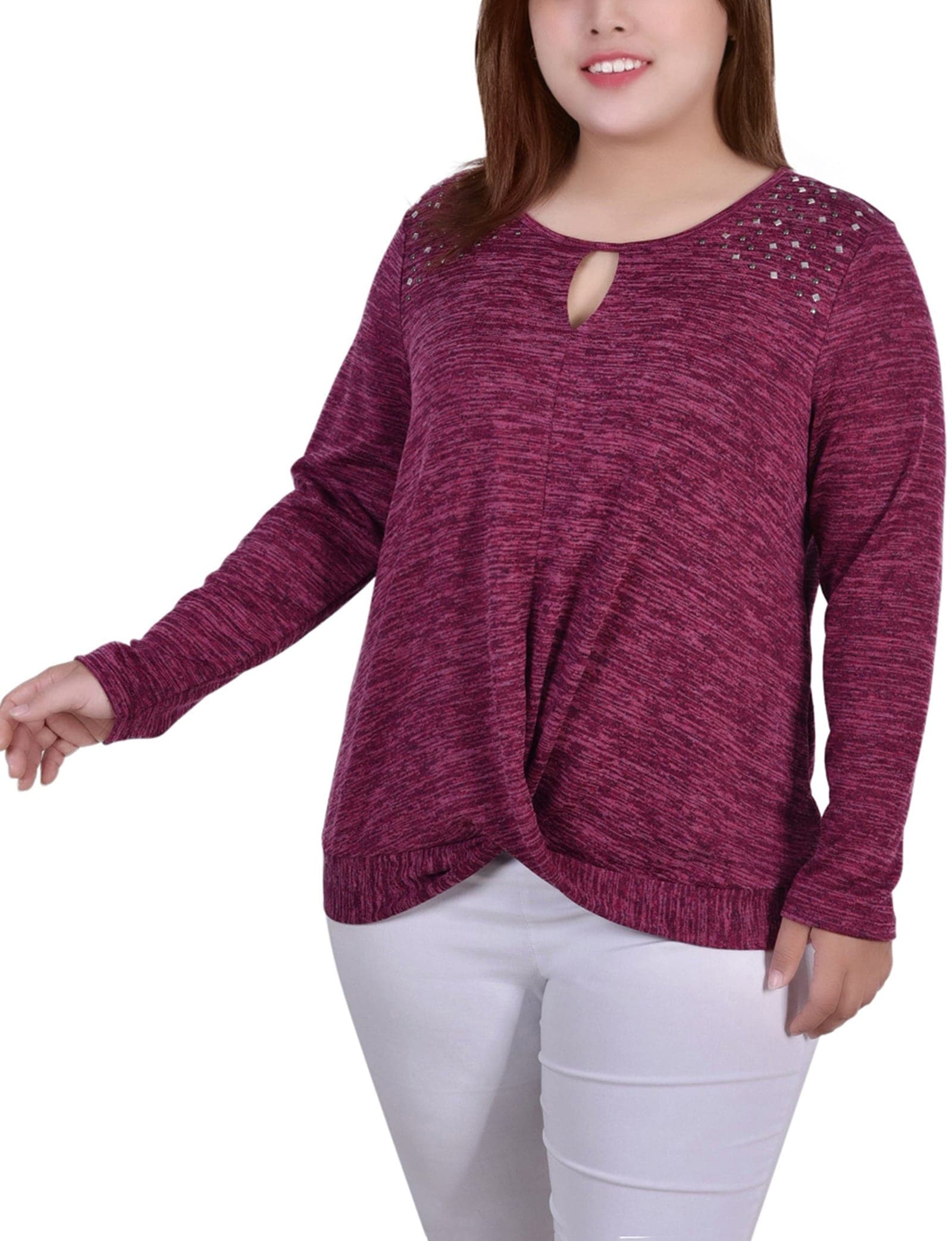 Plus Size Long Sleeve Knit Keyhole Top with Studs