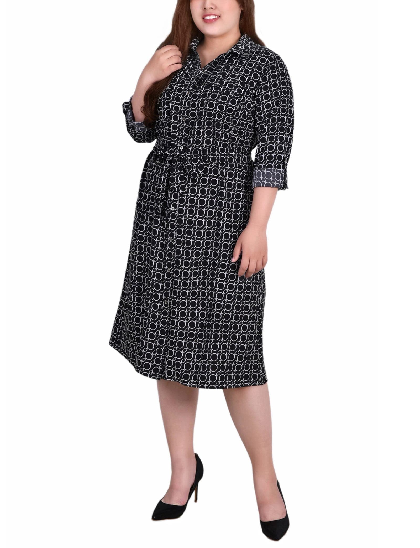 Plus Size Long Sleeve Roll Tab Shirtdress