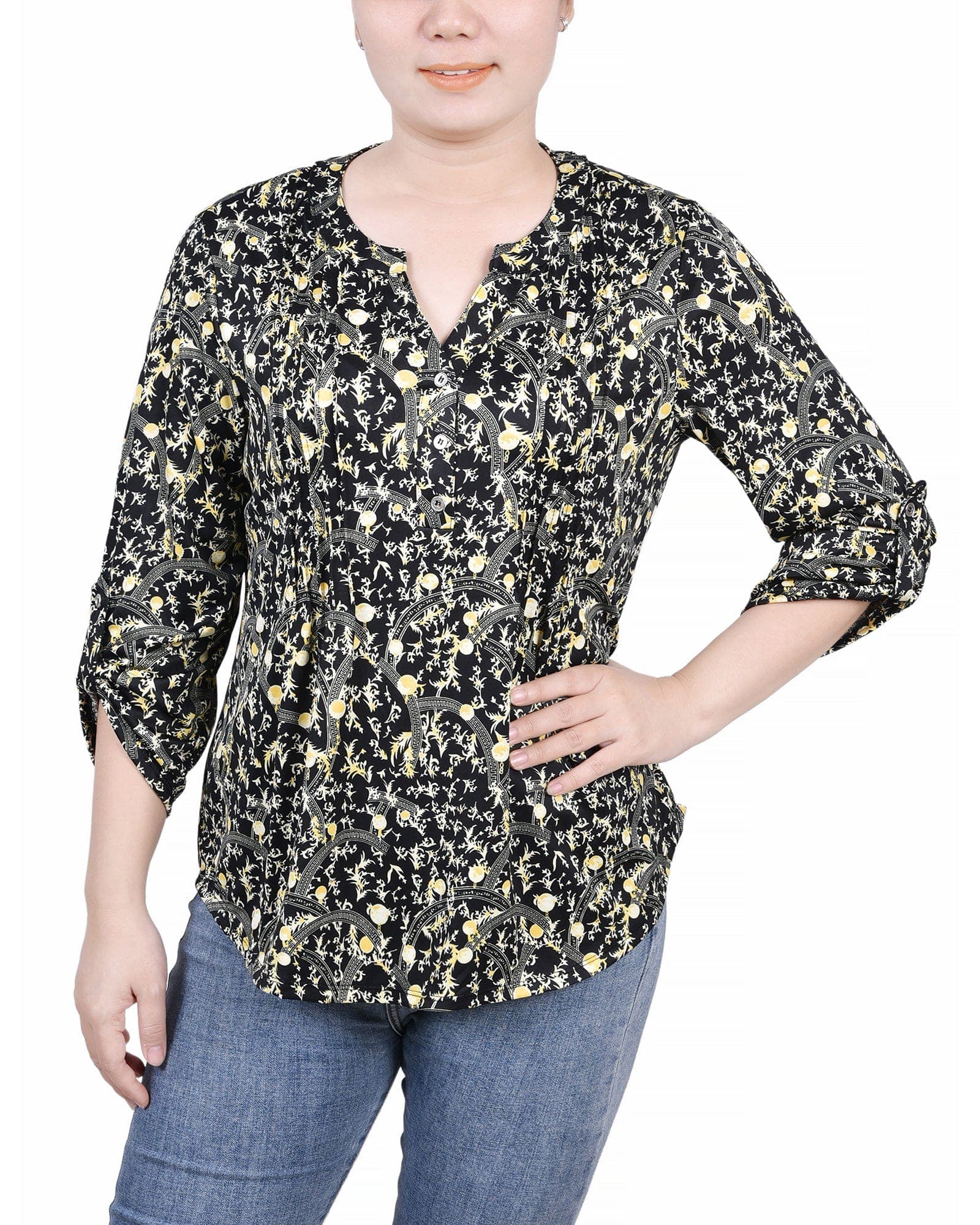 Petite 3/4 Roll Tab Sleeve Y Neck Top