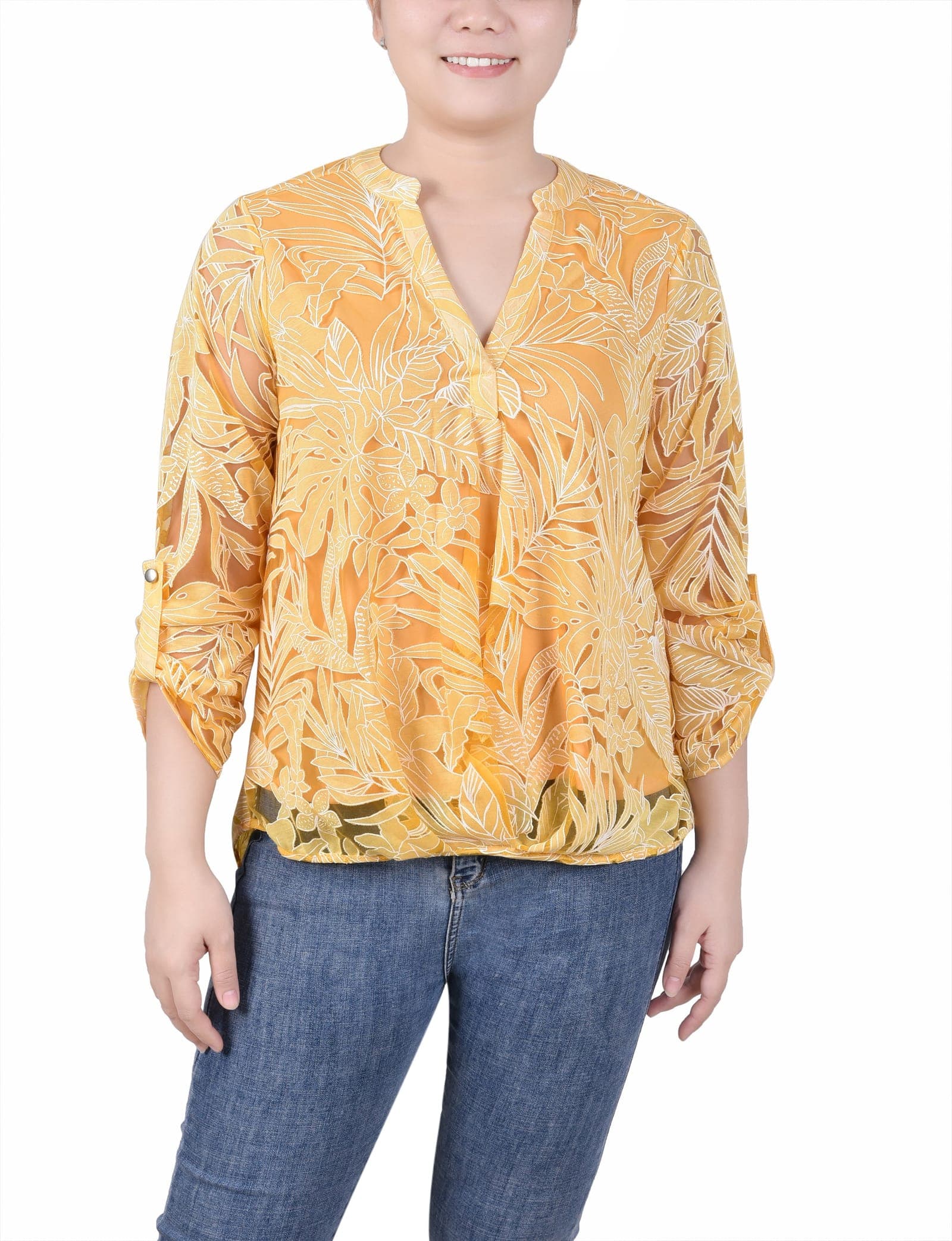 Long Sleeve Burnout Y Neck Blouse