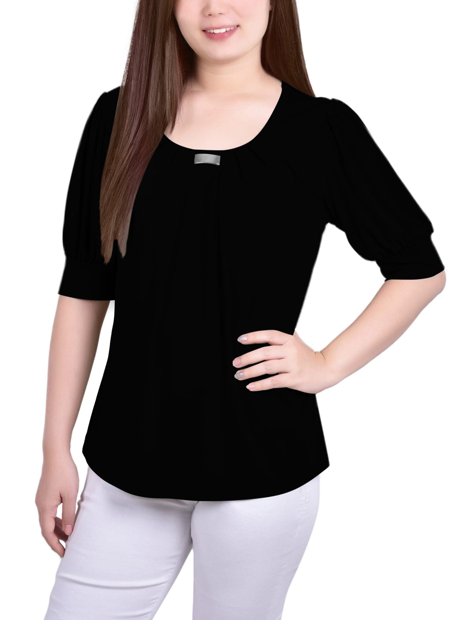 Petite Short Puff Sleeve Sheer Inset Top