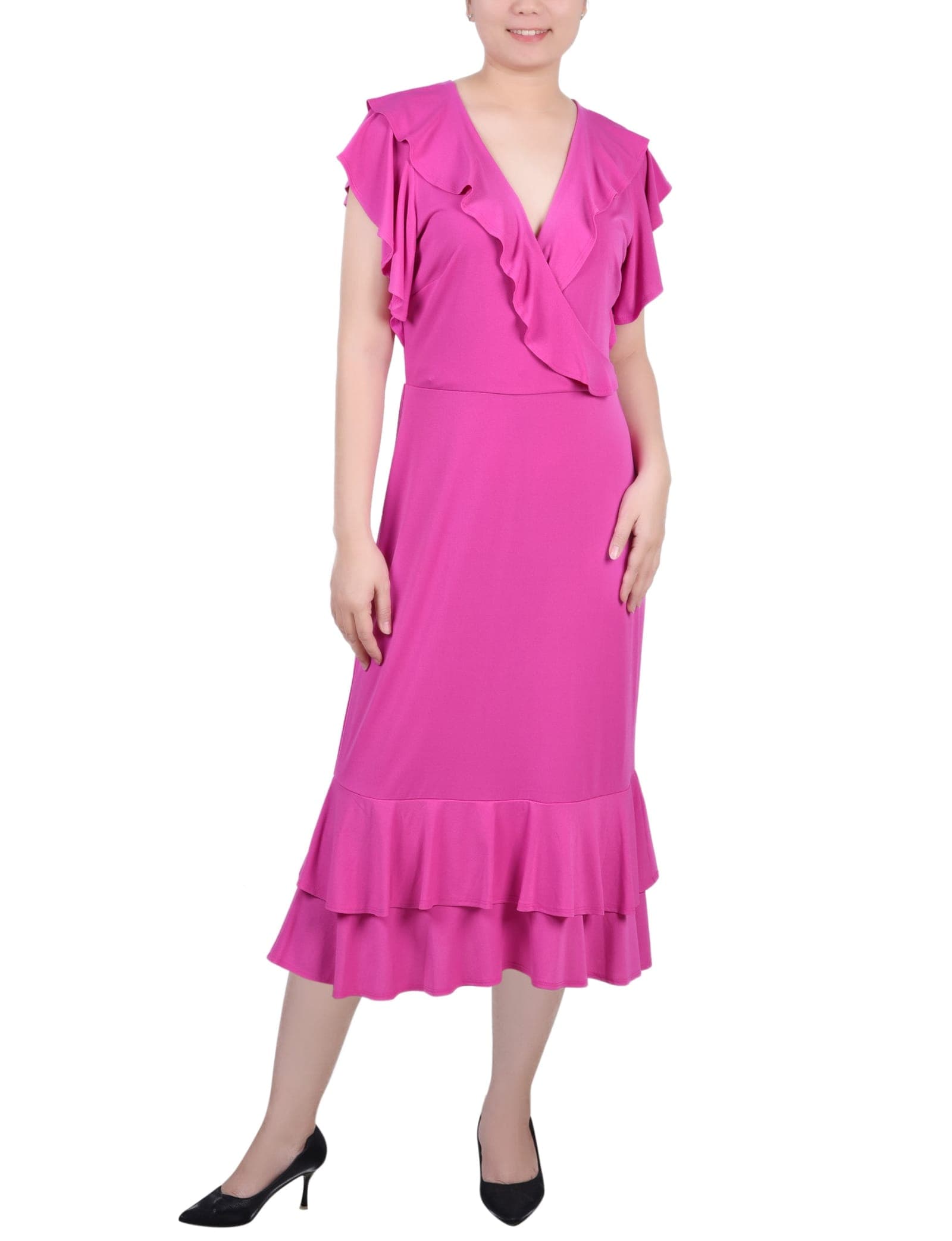 Short Flutter Sleeve Ruffle Neck Dress