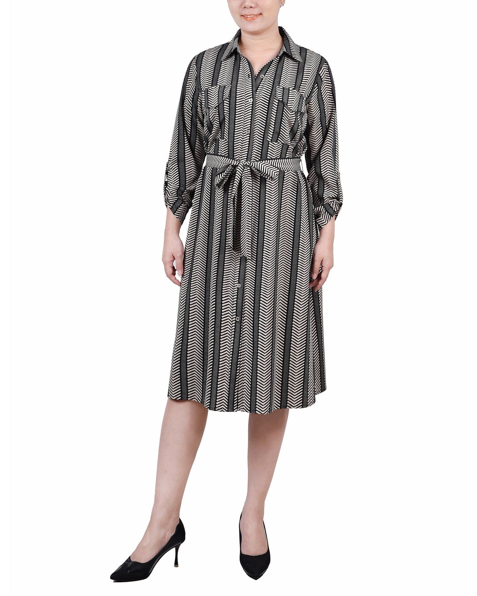 Petite 3/4 Roll Tab Sleeve Belted Shirtdress