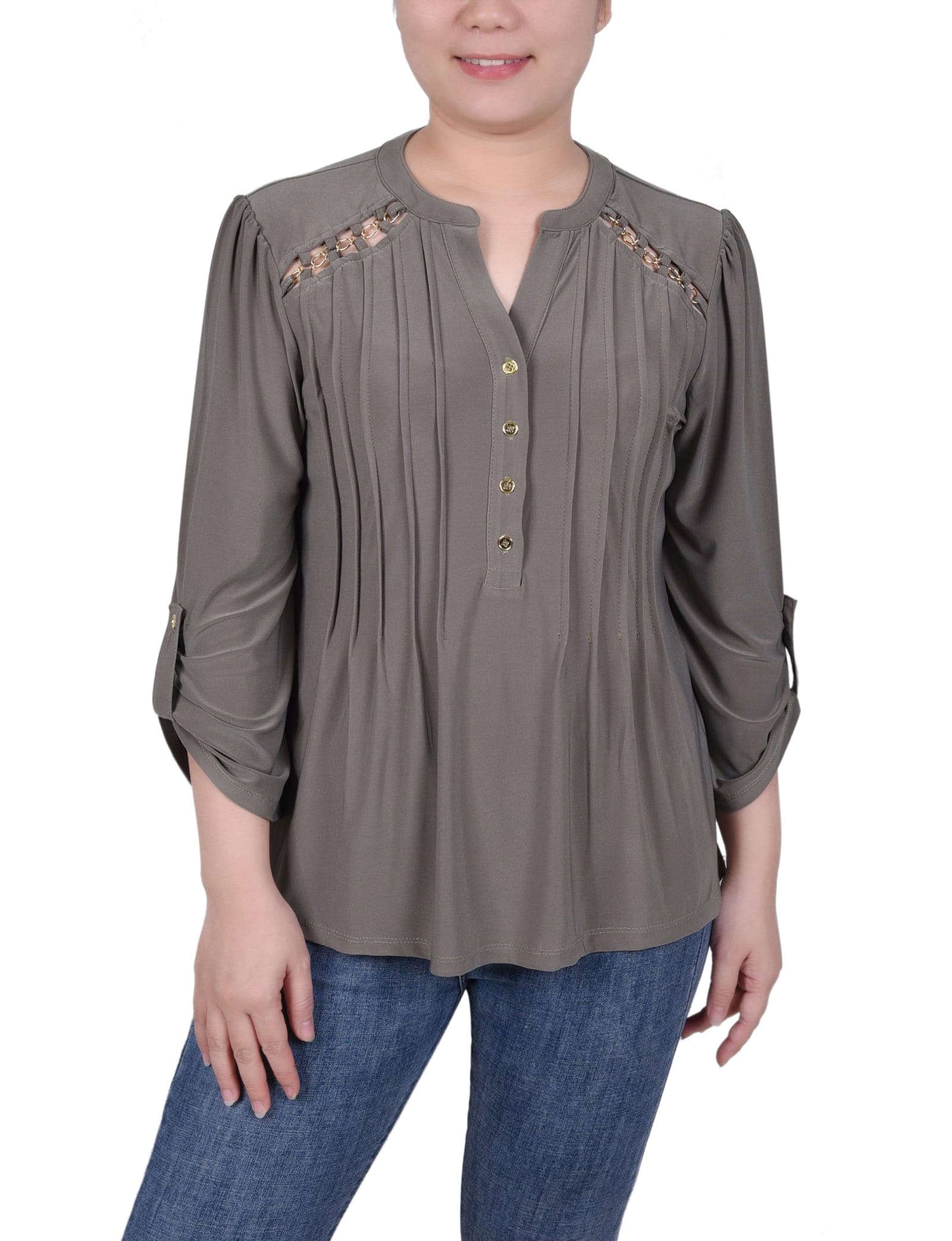 Petite Long Sleeve Pintuck Front Top with Chain Details