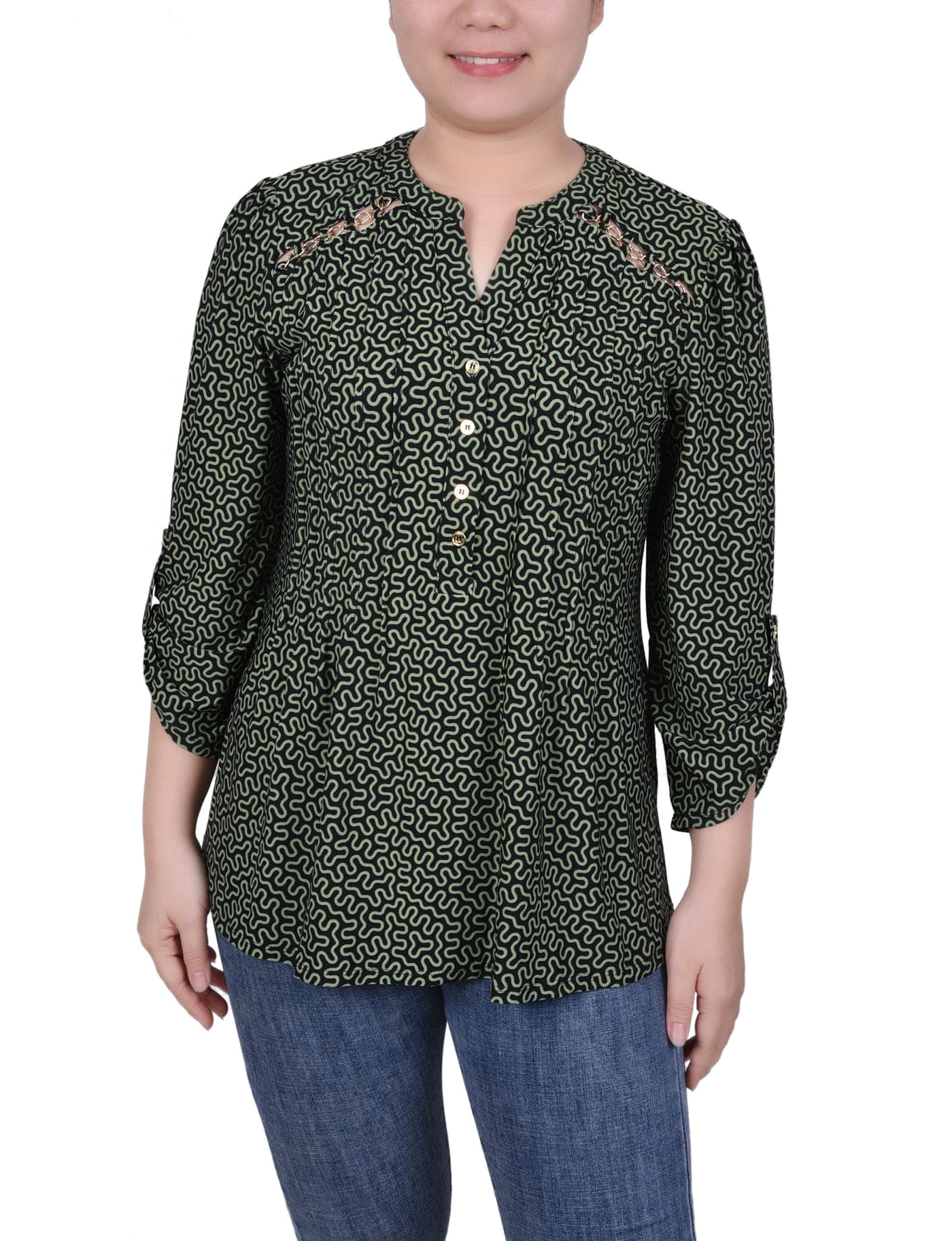 Petite Long Sleeve Pintuck Front Top with Chain Details