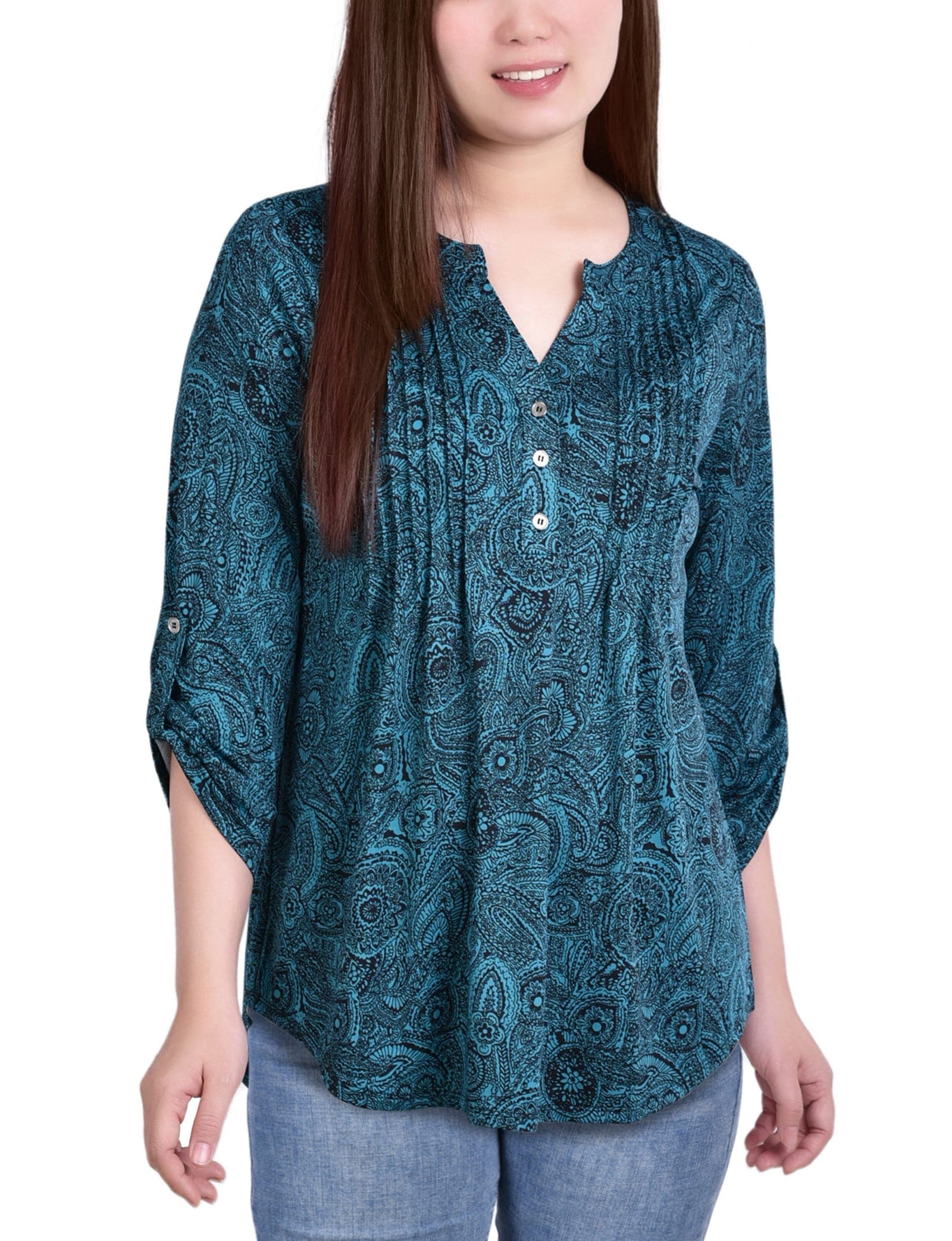 Petite Knit Jacquard 3/4 Sleeve Roll Tab Top