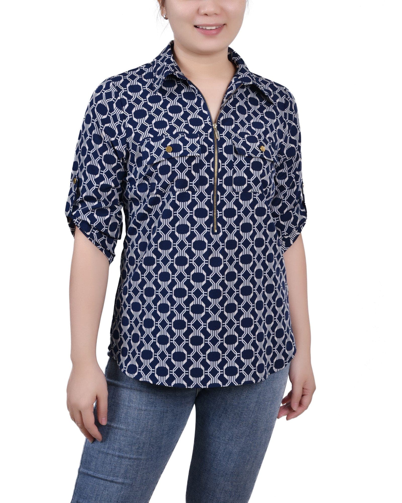 Petite 3/4 Roll Tab Sleeve Zip Front Top