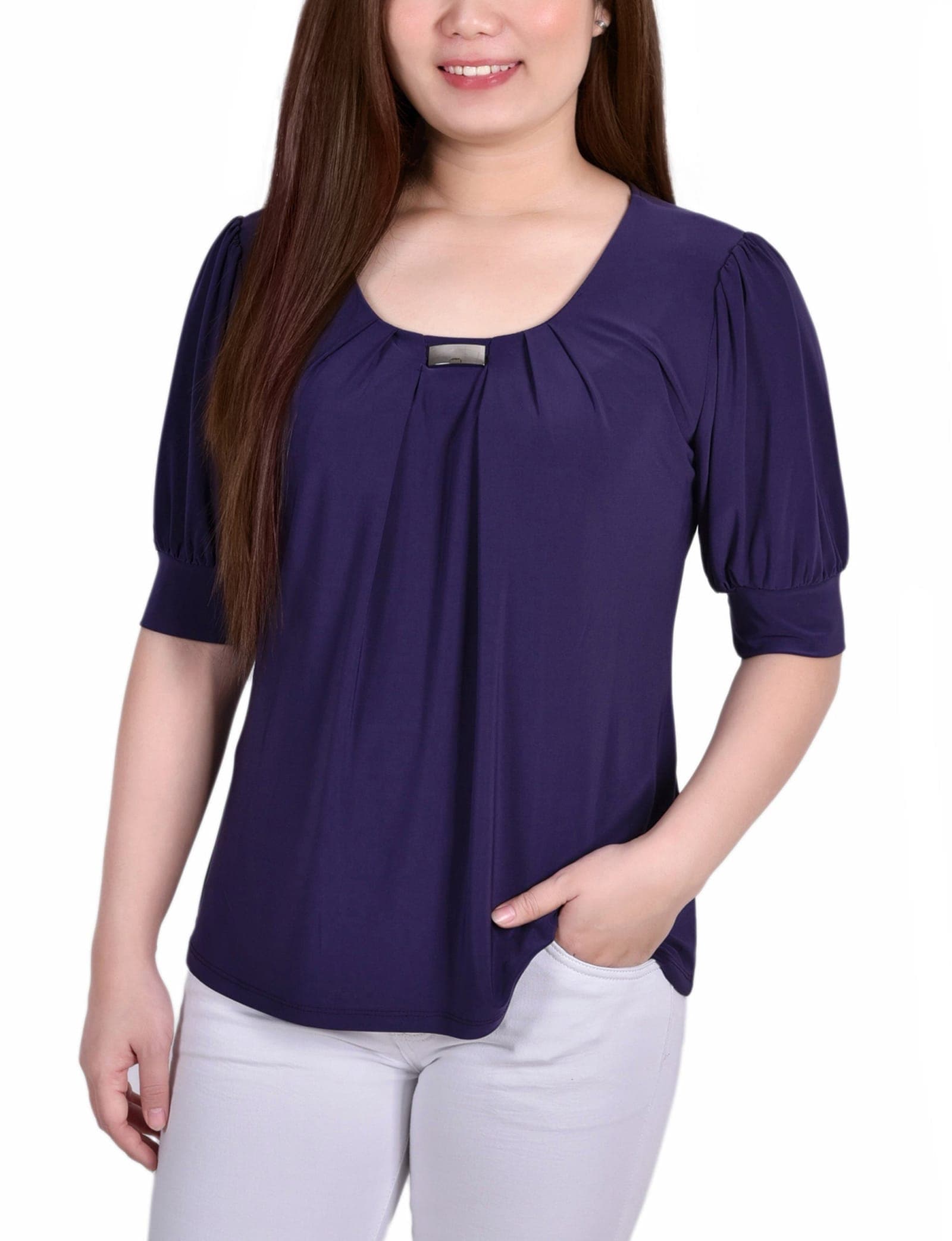 Short Sleeve Balloon Sleeve Top with Hardware