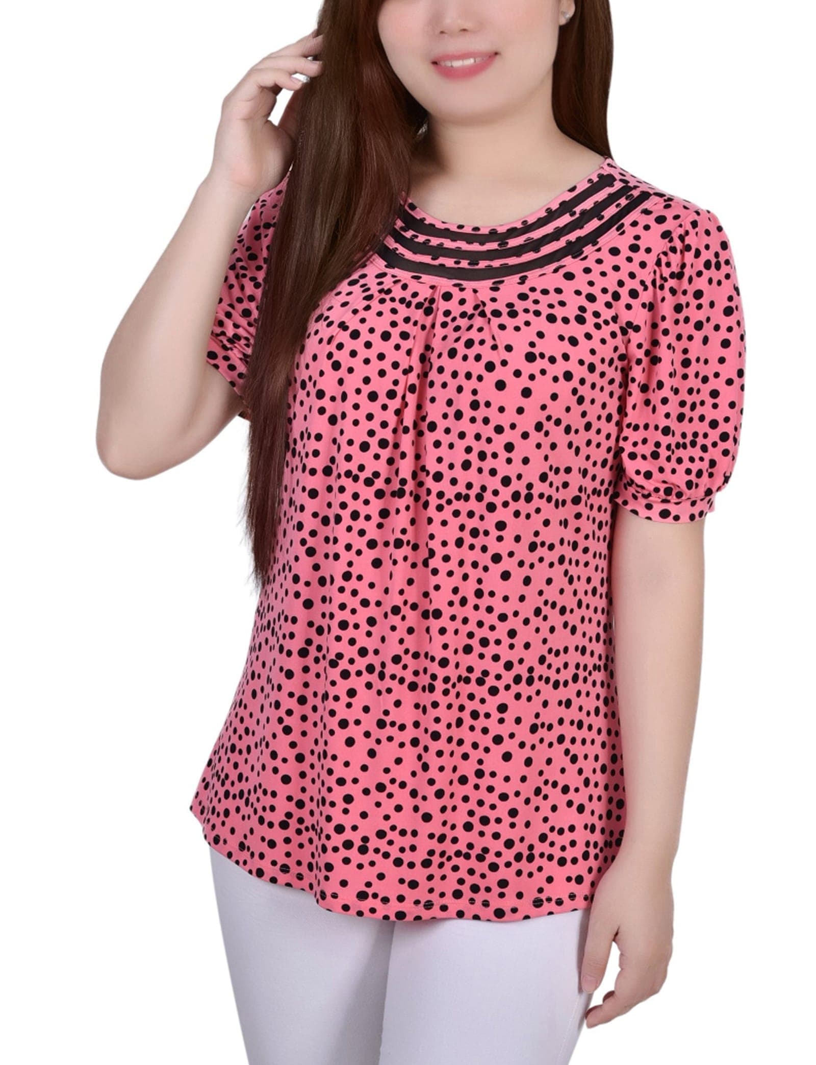 Petite Short Puff Sleeve Sheer Inset Top