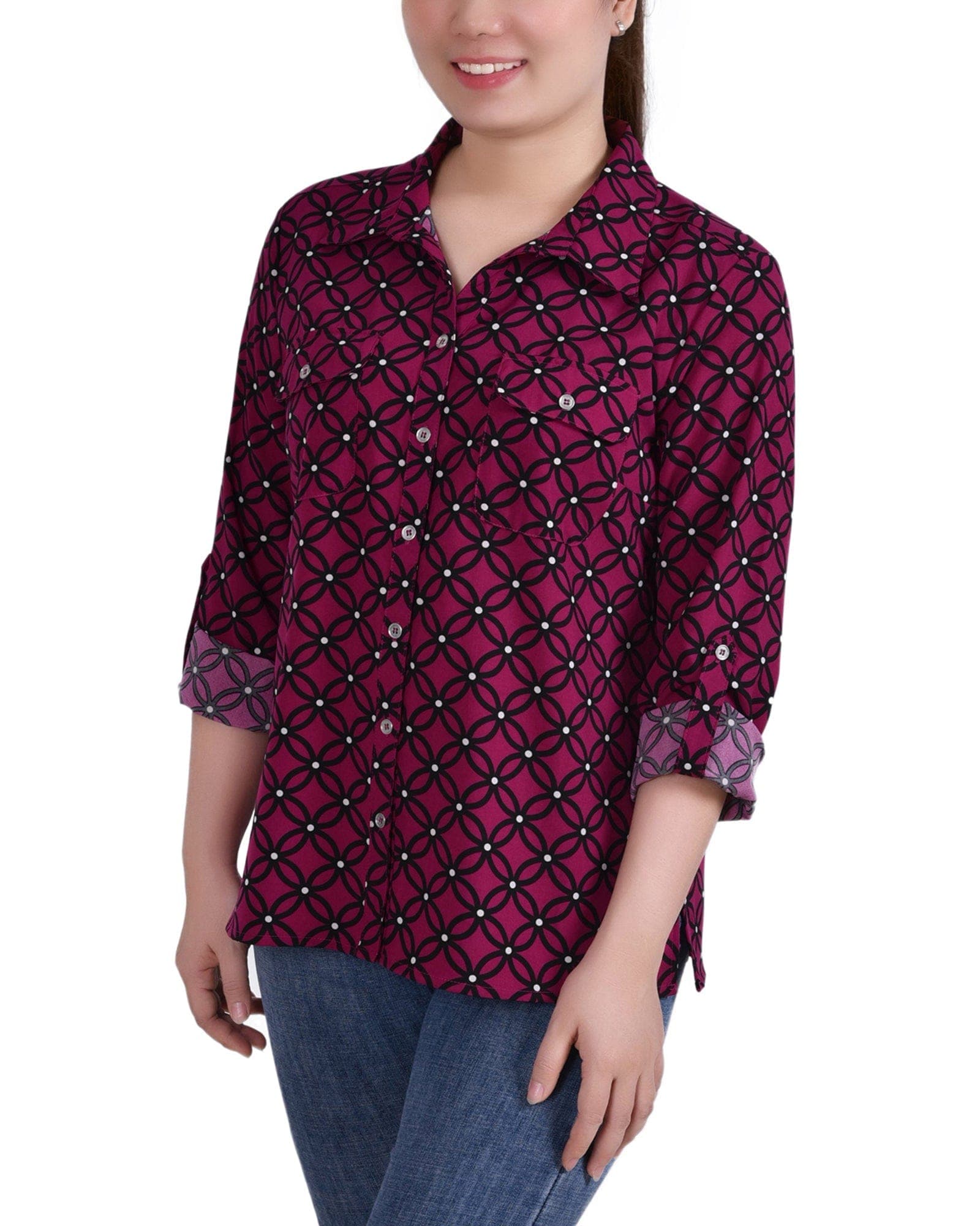 Petite 3/4 Roll Tab Blouse with Pockets