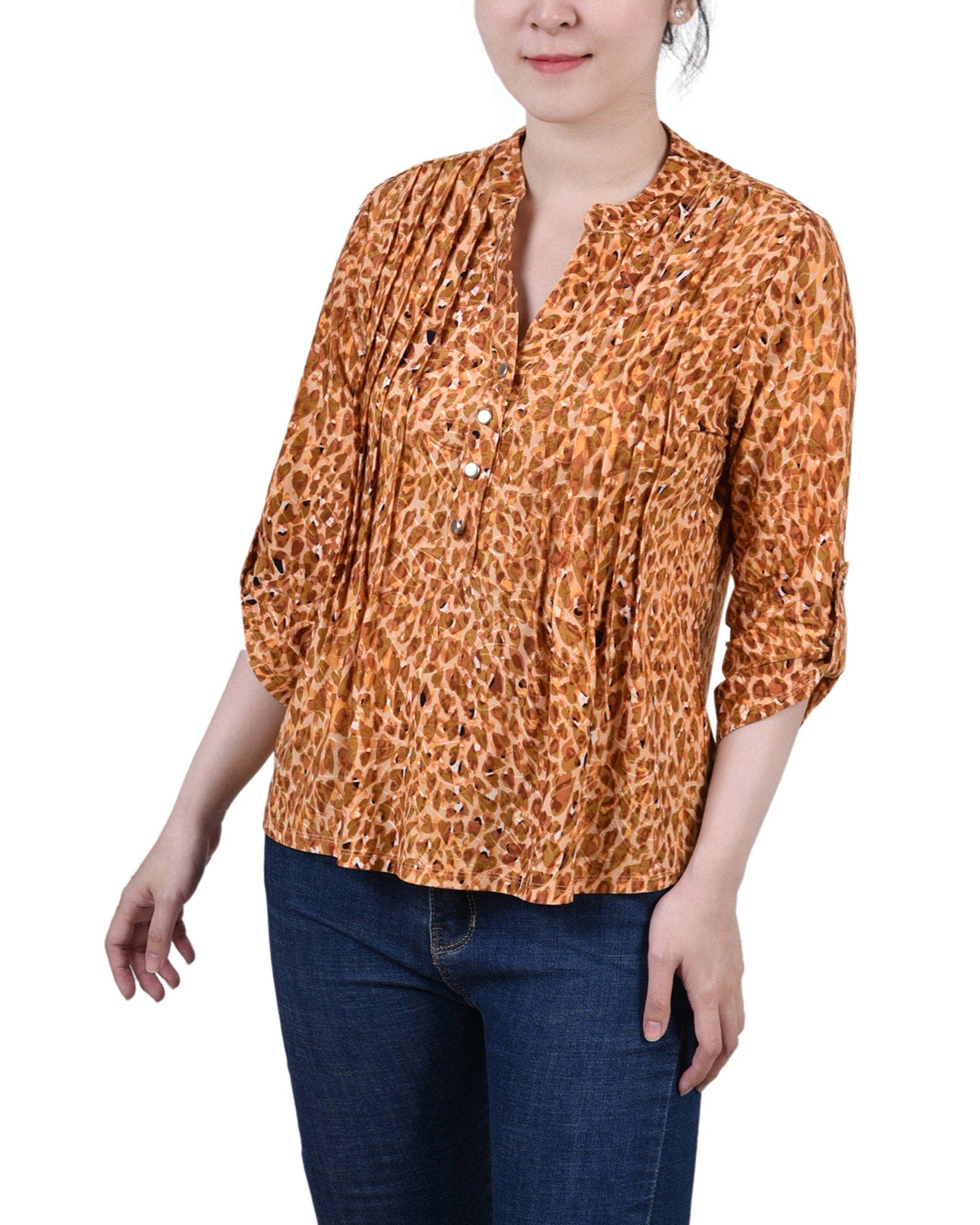 Petite 3/4 Sleeve Roll Tab Y Neck Pullover Top