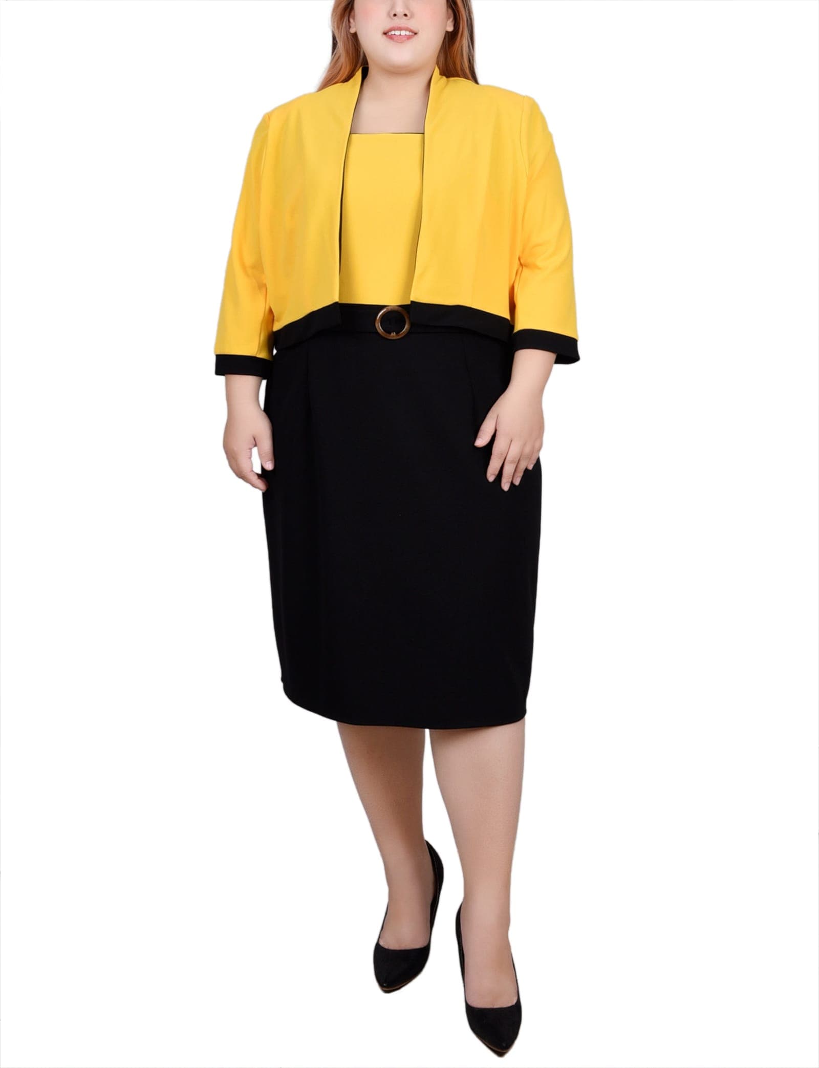 Plus Size 3/4 Sleeve 2 Piece Colorblocked Dress Set