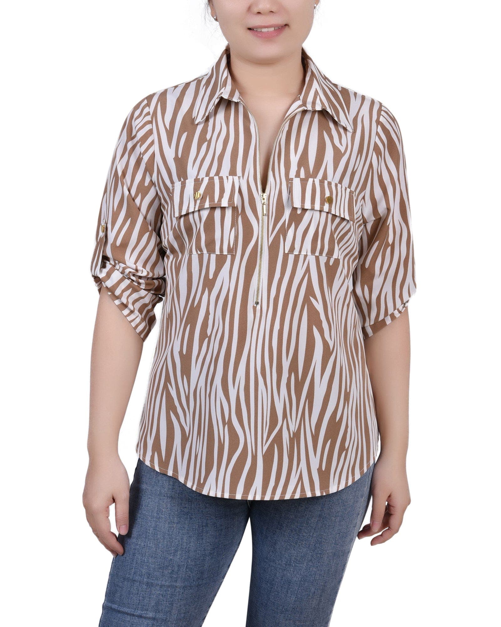 Petite 3/4 Roll Tab Sleeve Zip Front Top