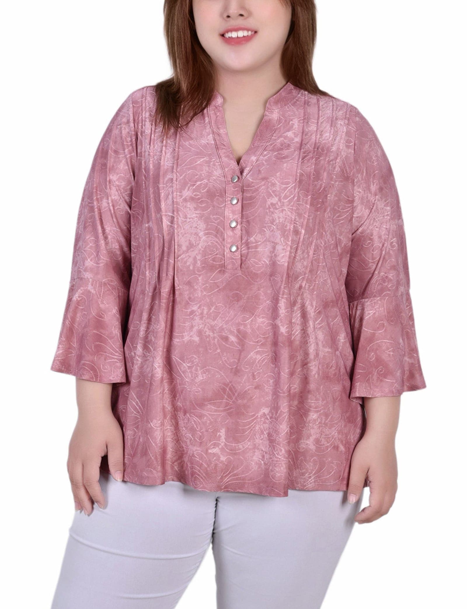 Plus Size 3/4 Bell Sleeve Pleat Front Y Neck Top