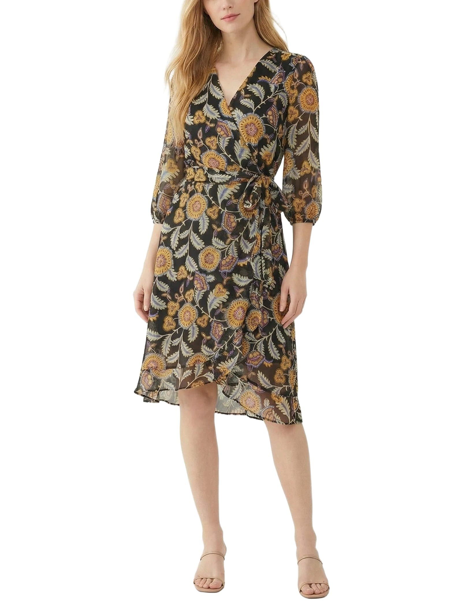 Petite 3/4 Sleeve V Neck Belted Chiffon Dress