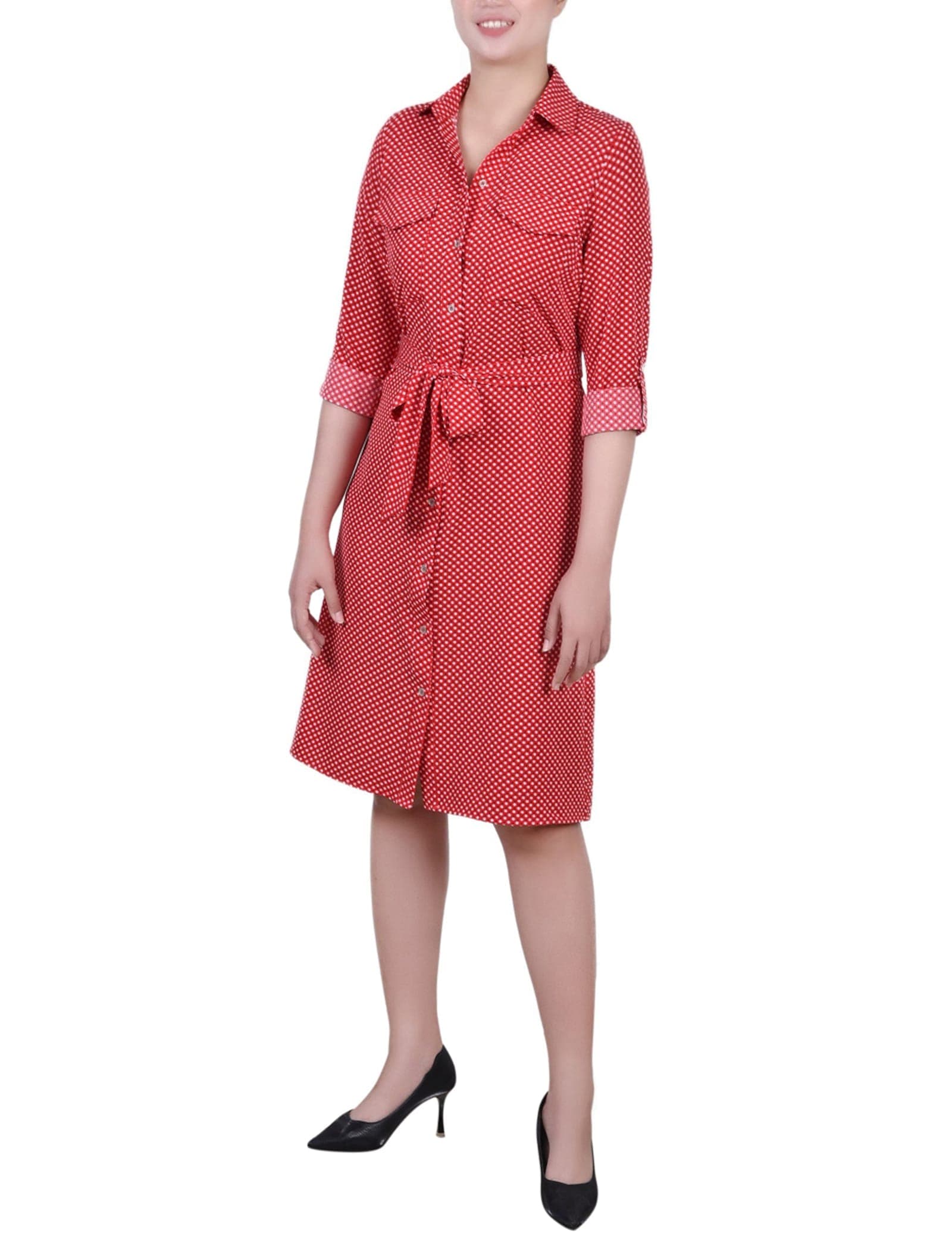 Petite 3/4 Roll Tab Sleeve Belted Shirtdress