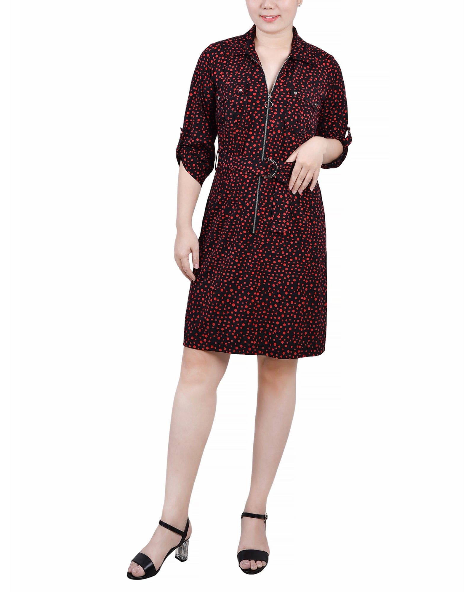 Petite Belted Roll Tab Zip Front Shirtdress