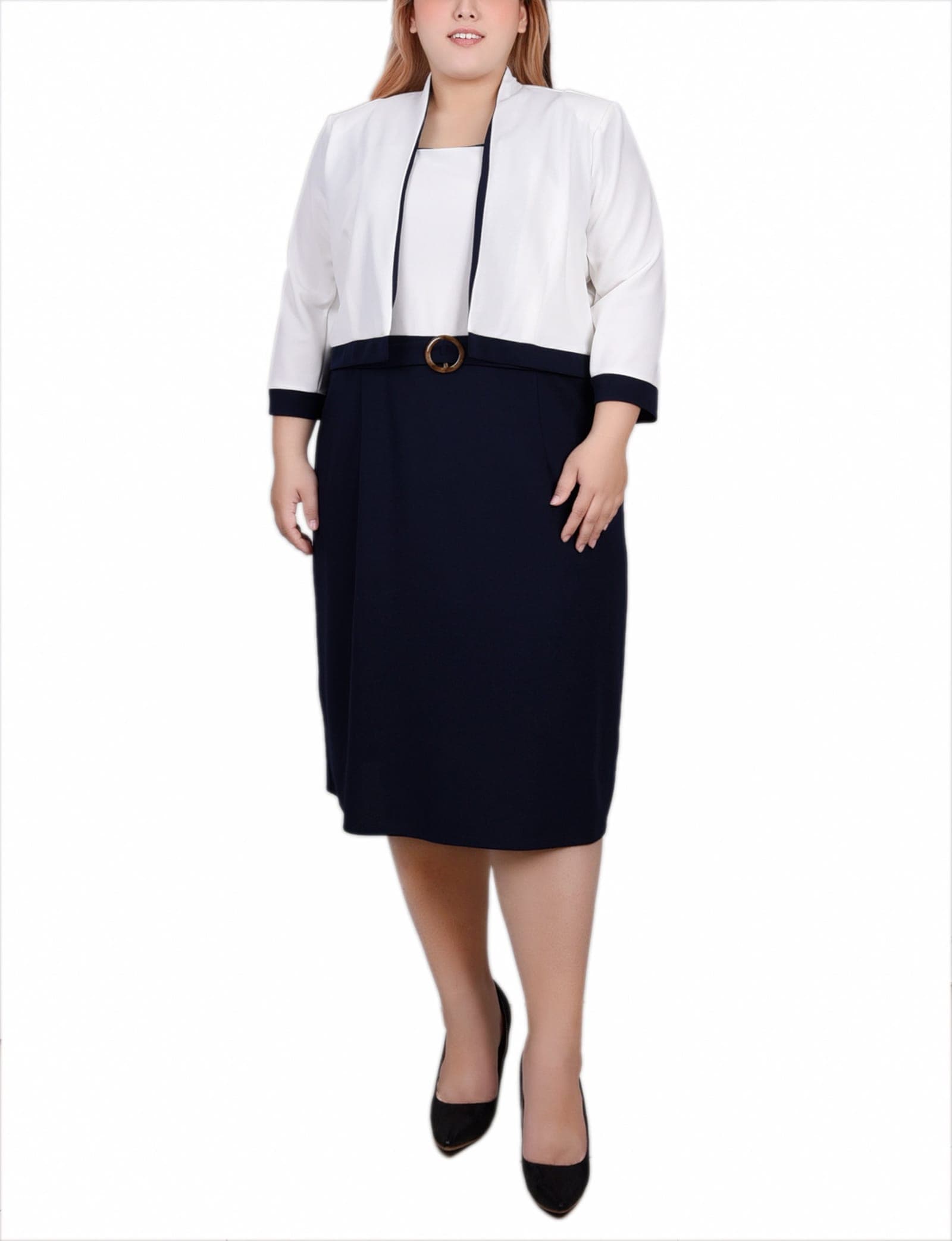 Plus Size 3/4 Sleeve 2 Piece Colorblocked Dress Set