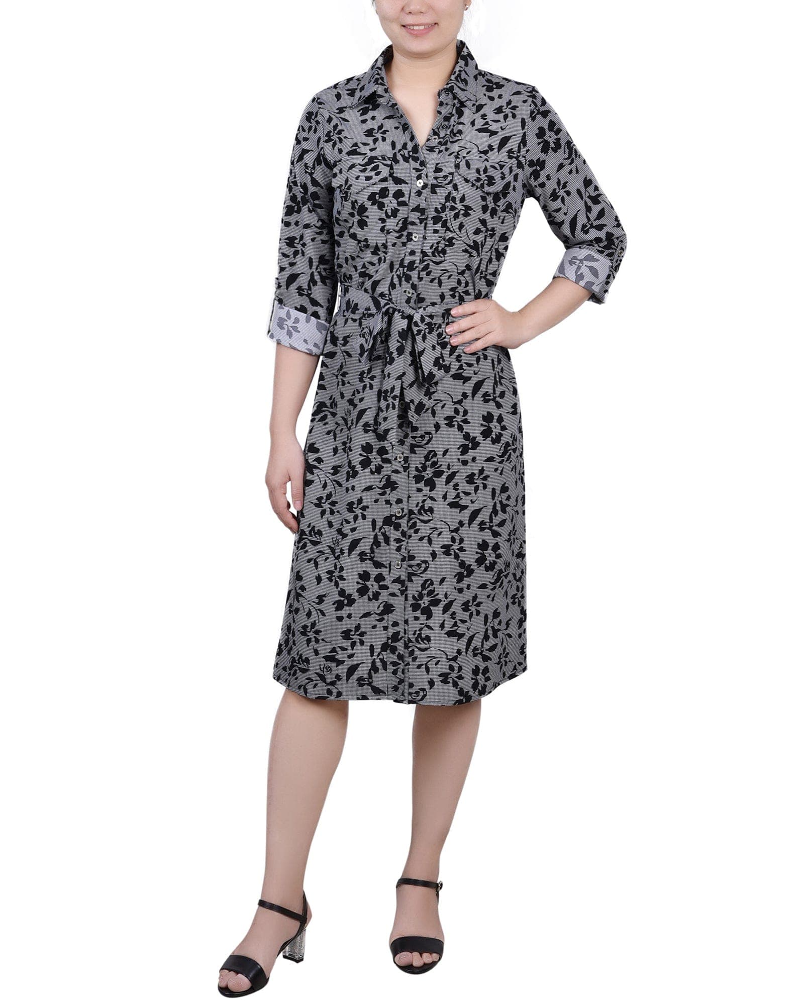 Petite 3/4 Roll Tab Sleeve Belted Shirtdress