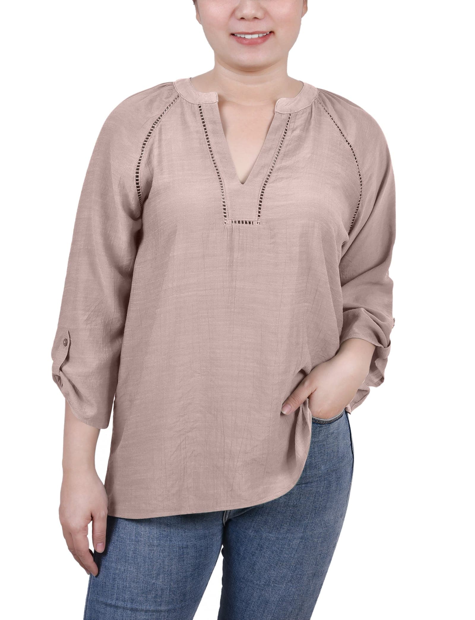 Petite Raglan Sleeve Split-Neck Blouse