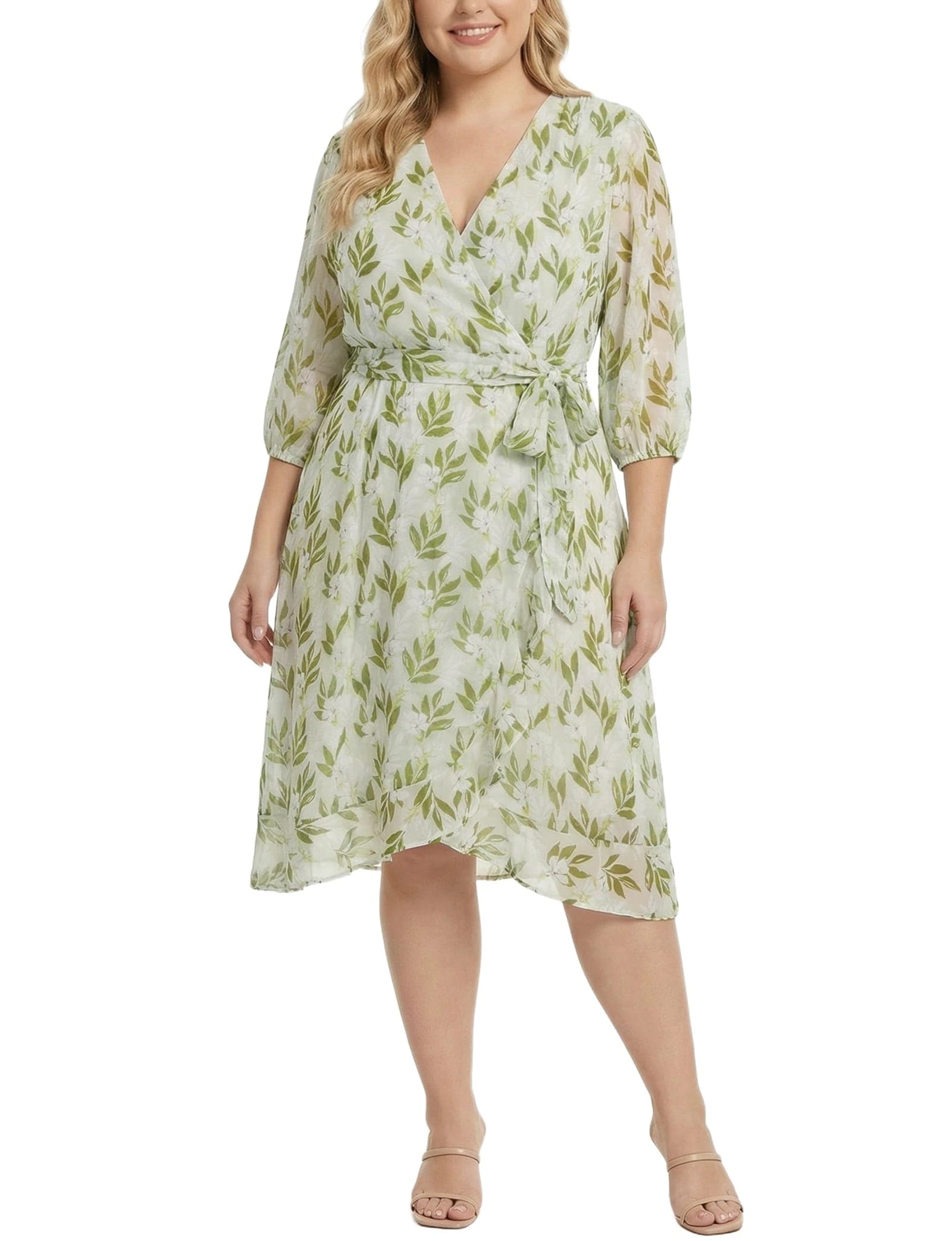 Plus Size 3/4 Sleeve V-Neck Belted Chiffon Dress