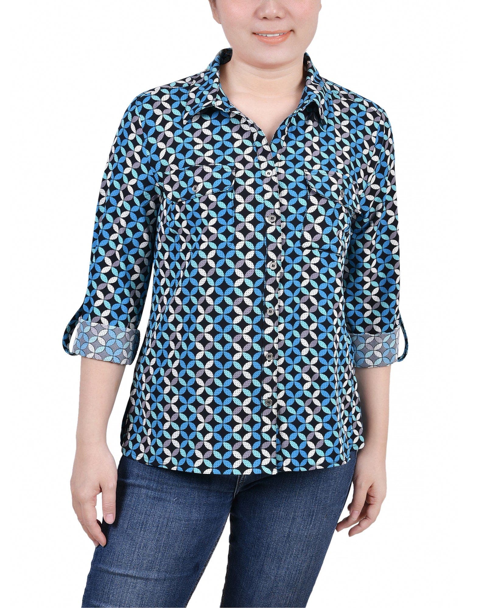 Petite 3/4 Roll Tab Blouse with Pockets