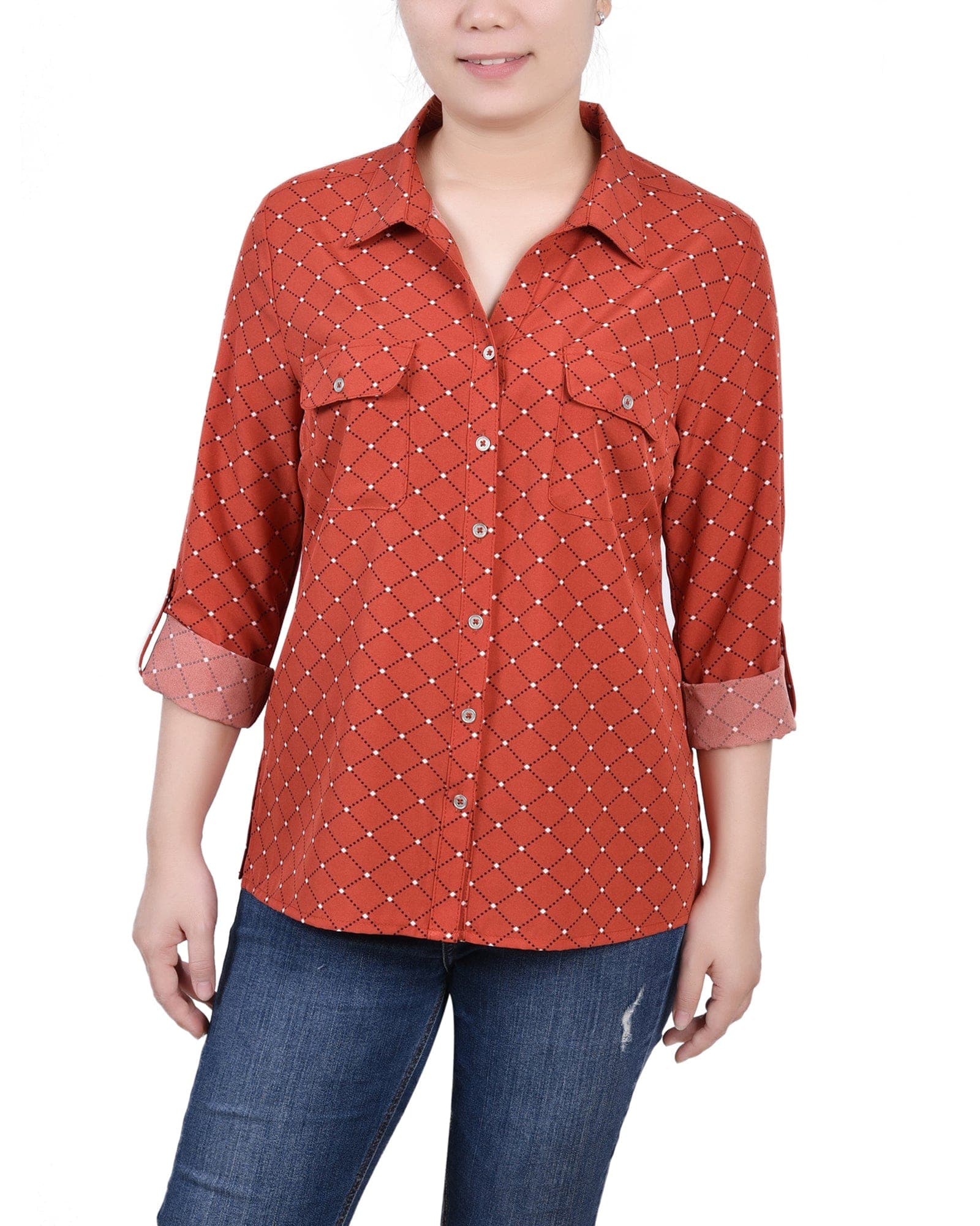 Petite 3/4 Roll Tab Blouse with Pockets