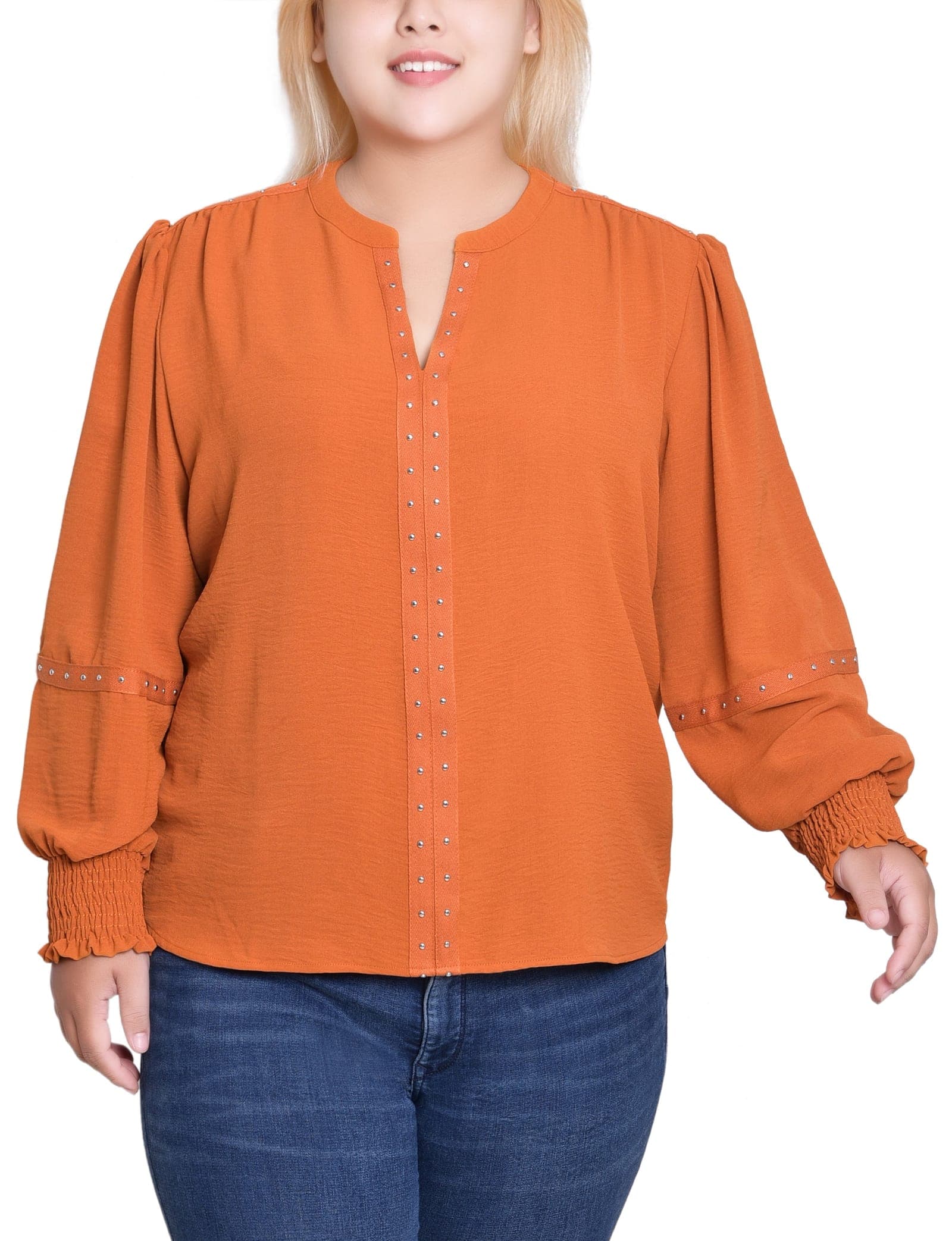 Plus Size Long Sleeve Studded Blouse