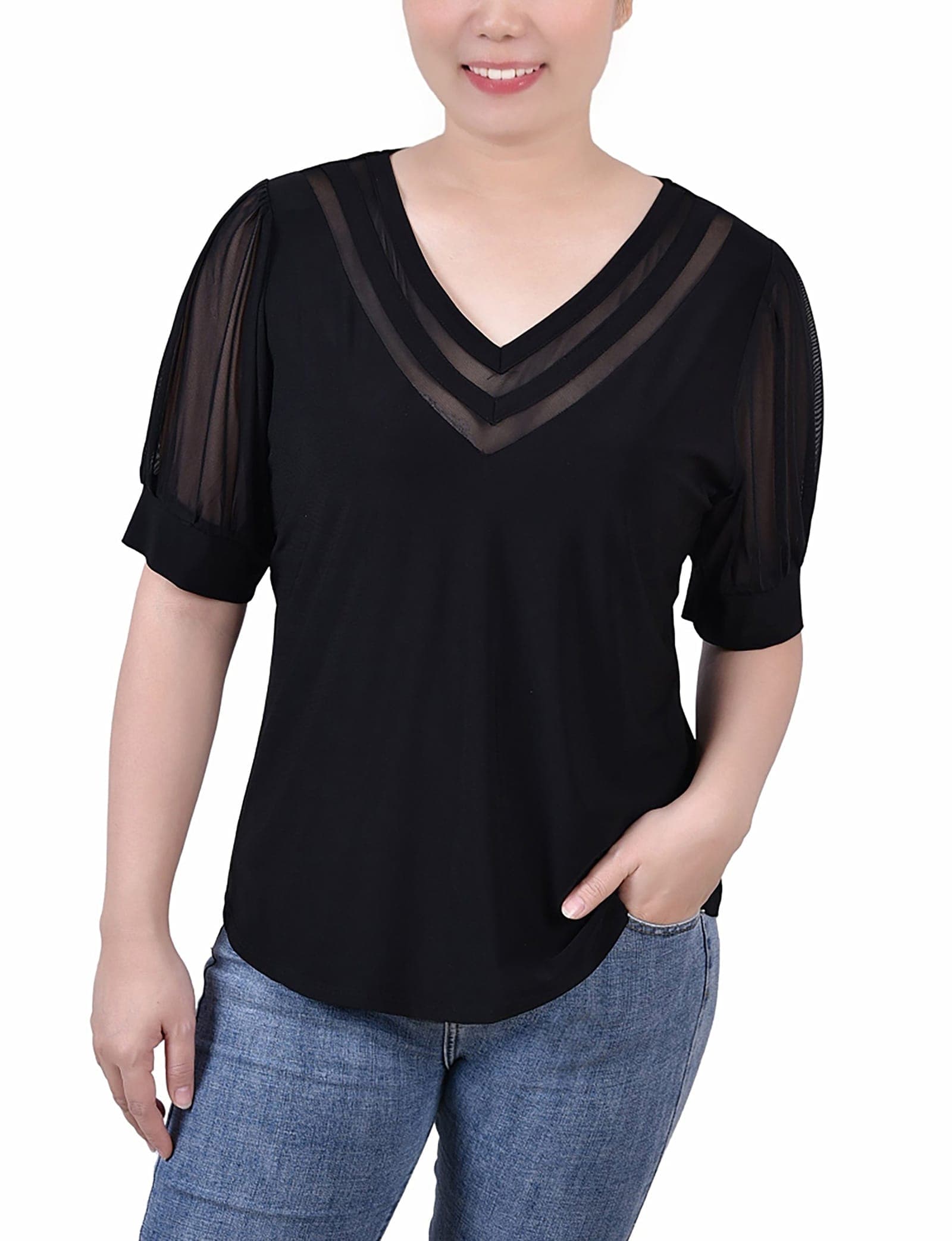 Short Puff Sleeve V-Neck Top