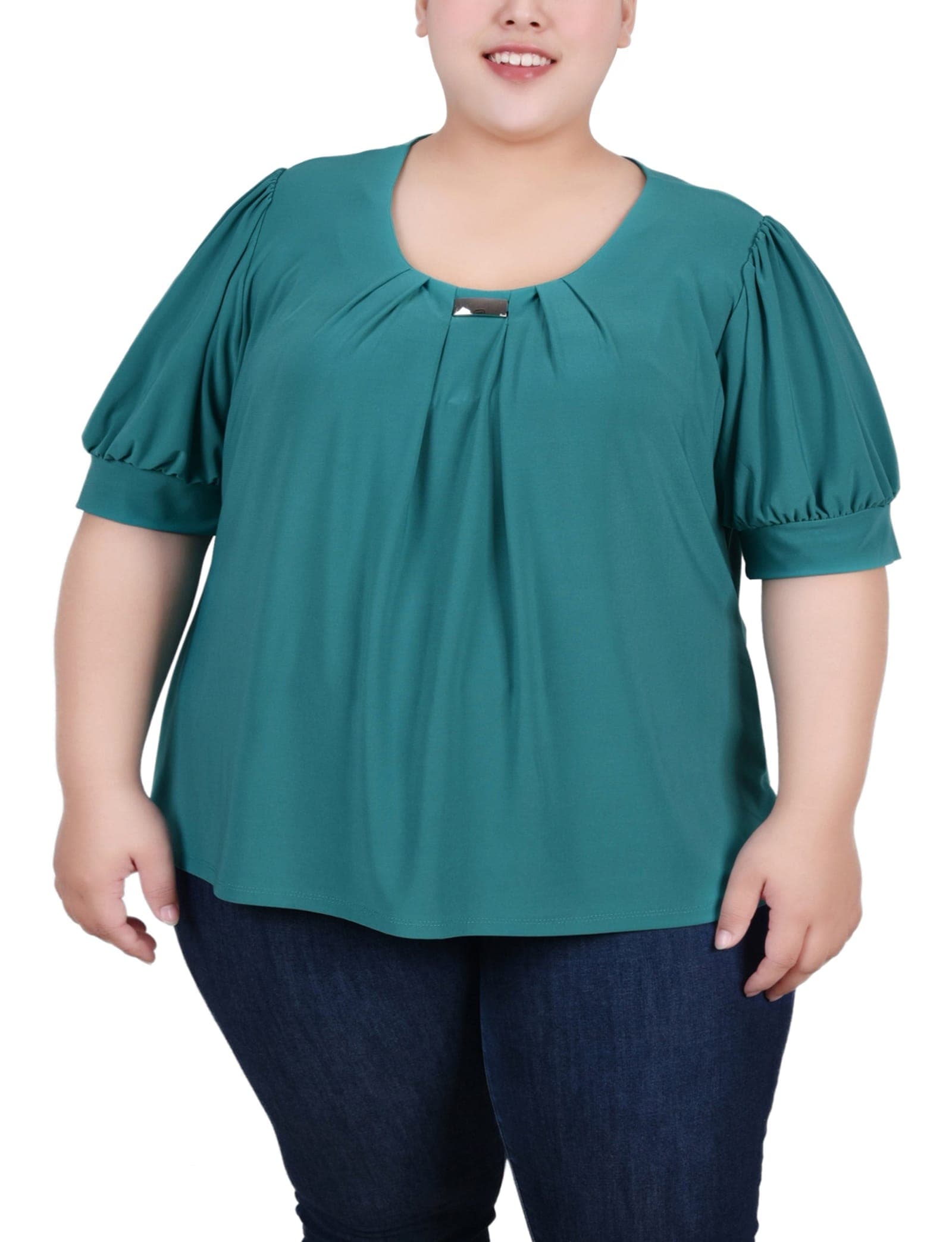 Plus Size Short Sleeve Balloon Sleeve Top with Hardware