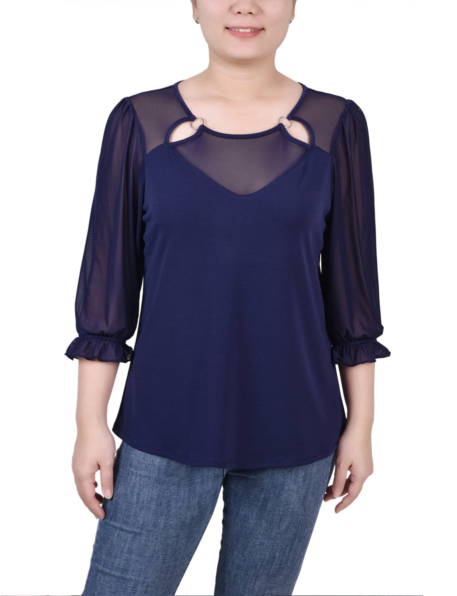 Petite 3/4 Sleeve Ringed Top with Mesh