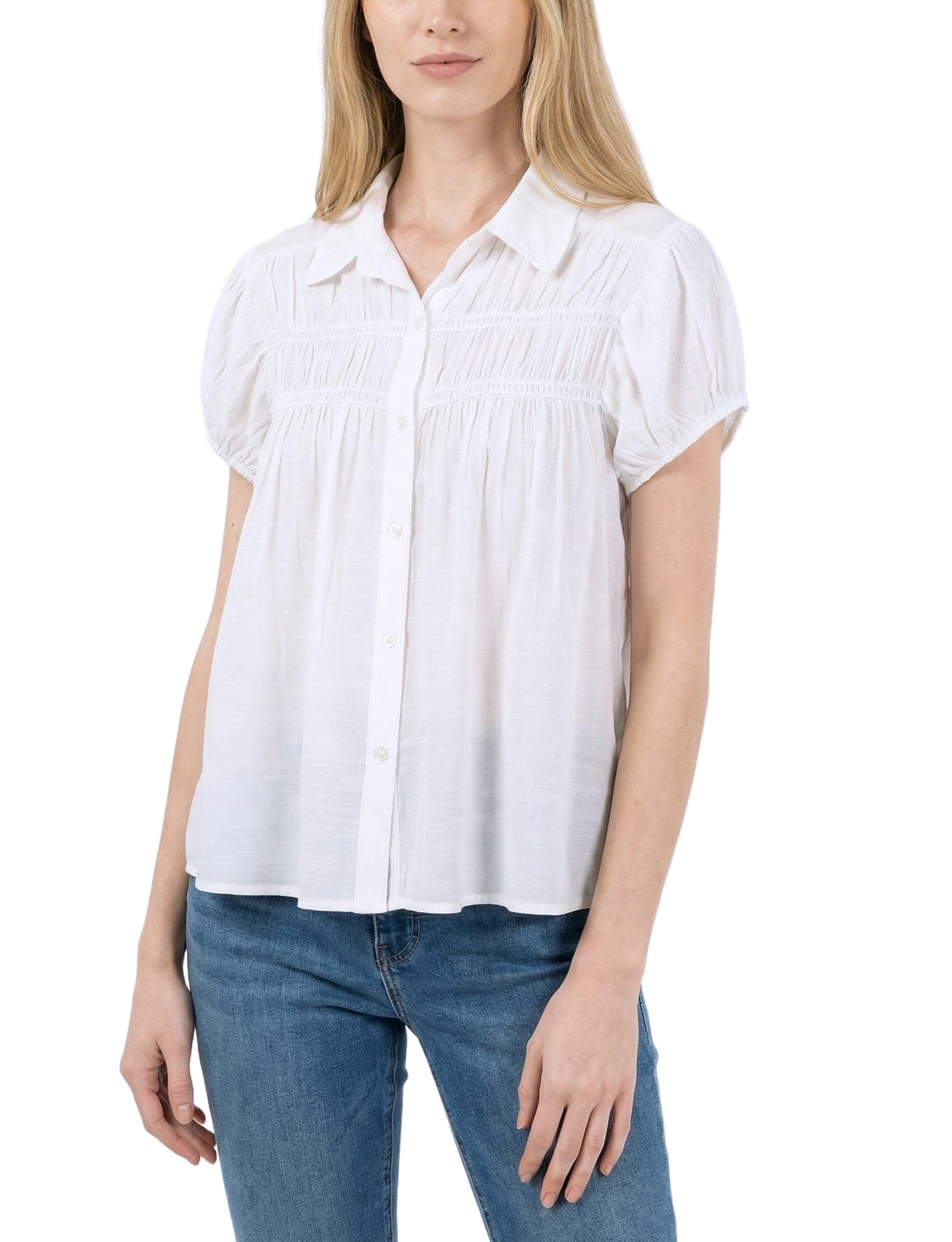 Petite Cap Slv Rouched Yoke Blouse