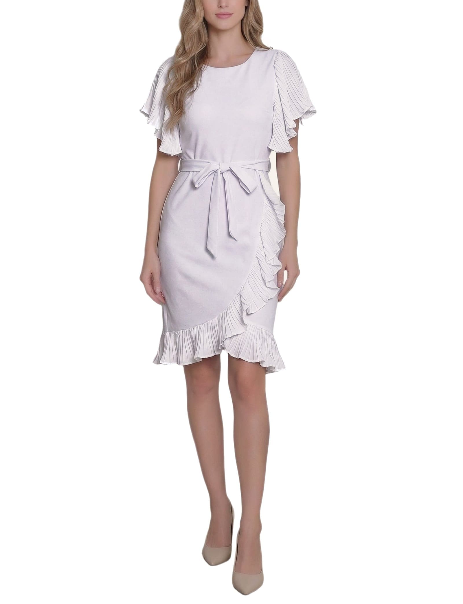 Petite Short Sleeve Pleated Ruffle Dress