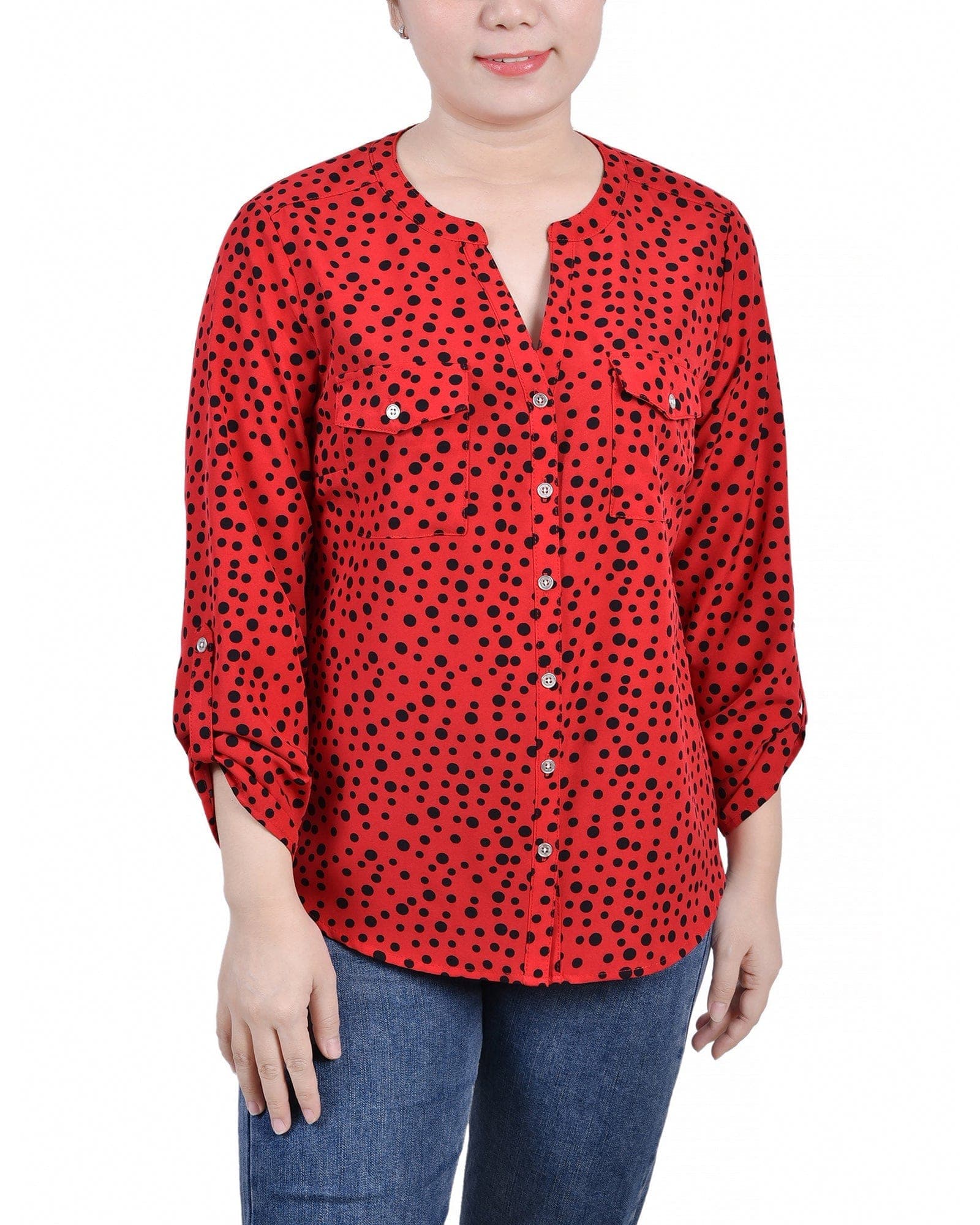 3/4 Roll Tab Sleeve Mandarin Collar Blouse