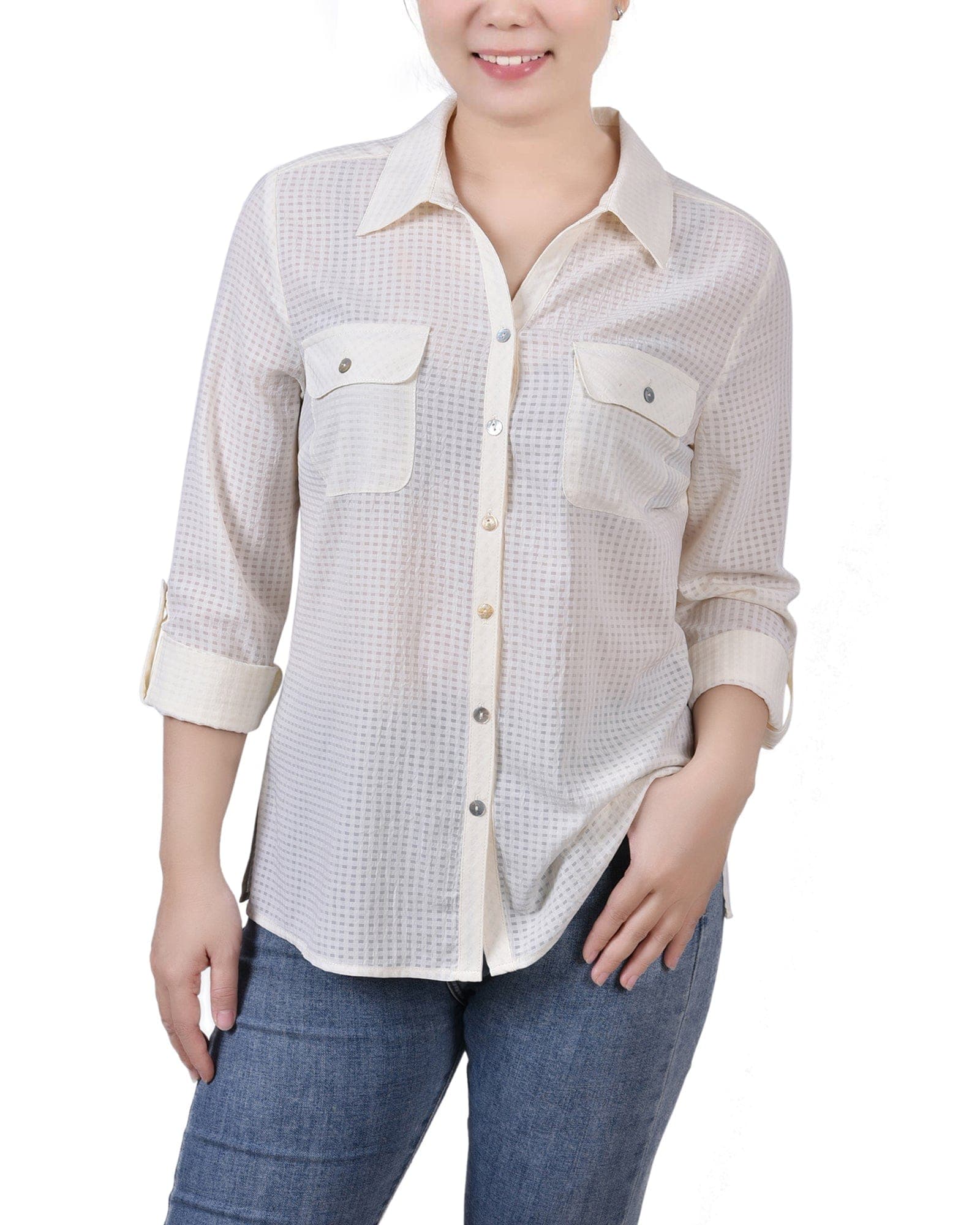 3/4 Sleeve Windowpane Blouse
