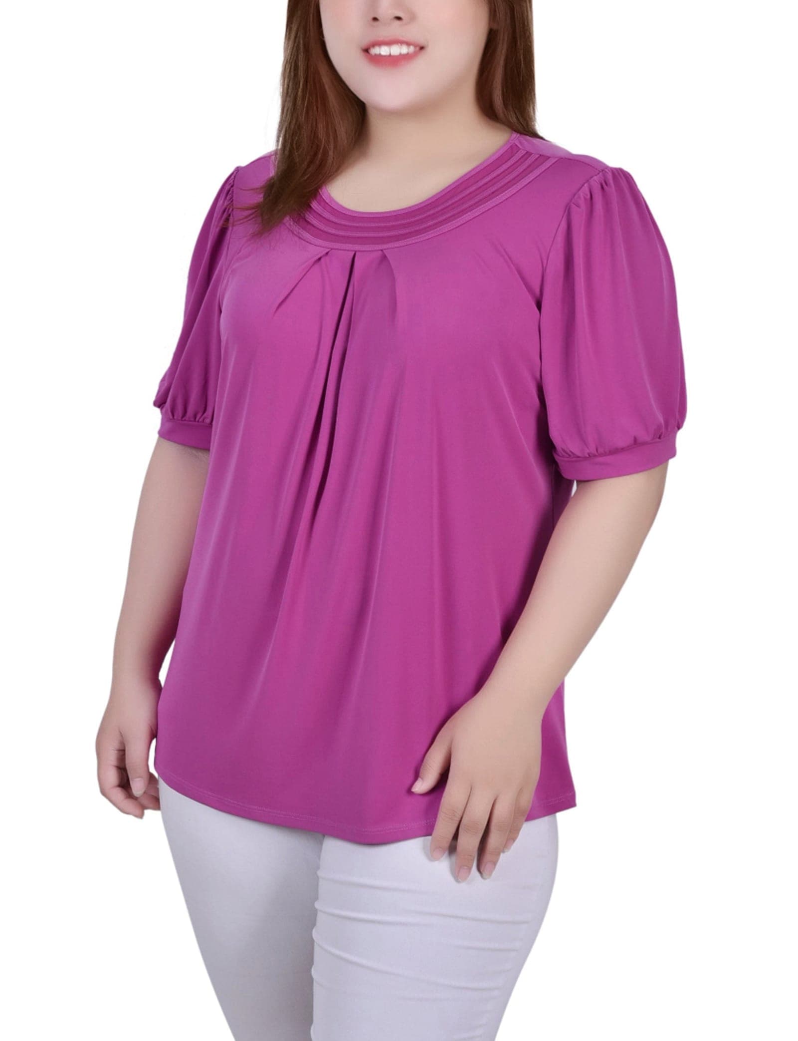 Plus Size Short Puff Sleeve Sheer Inset Top