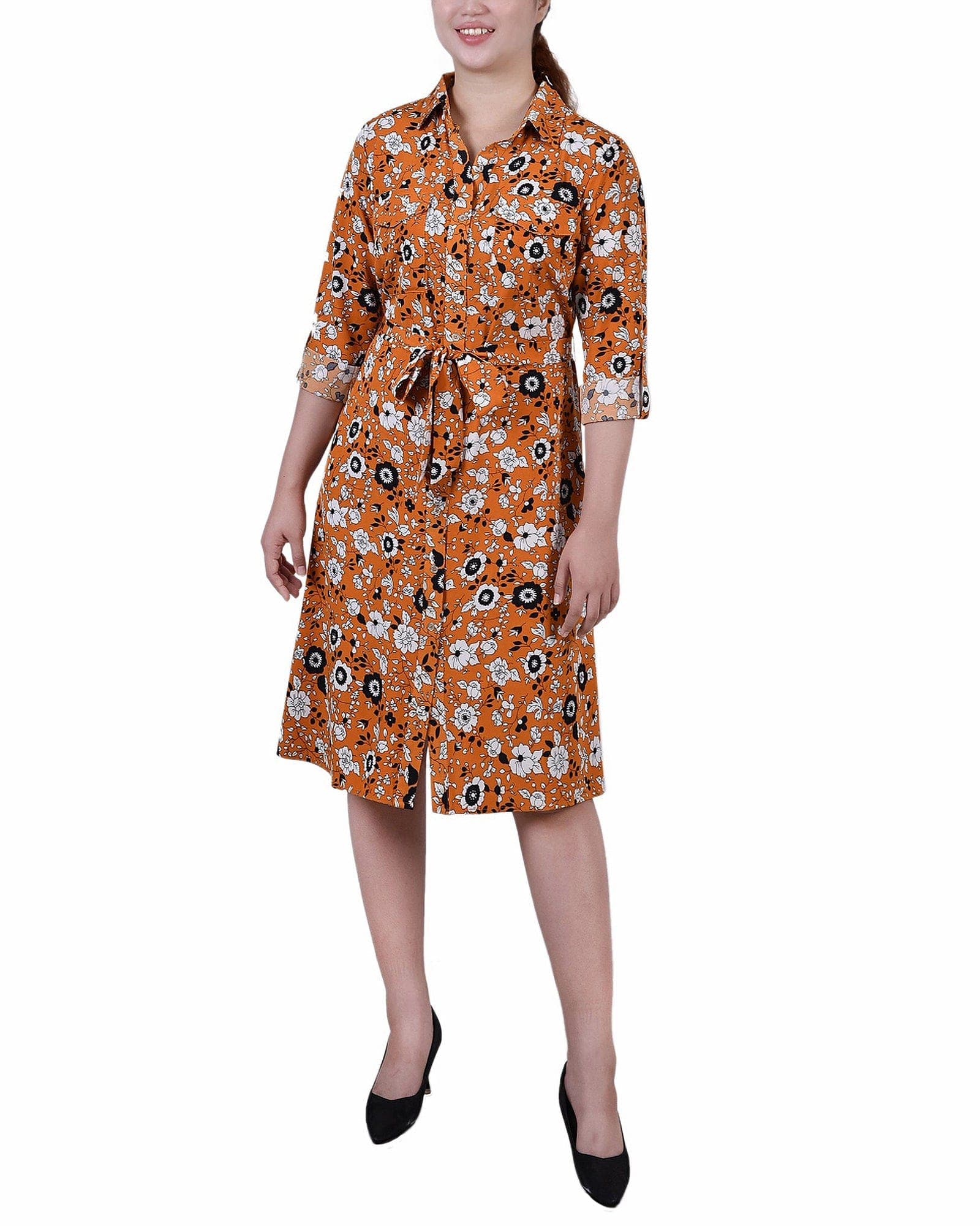 Petite 3/4 Roll Tab Sleeve Belted Shirtdress