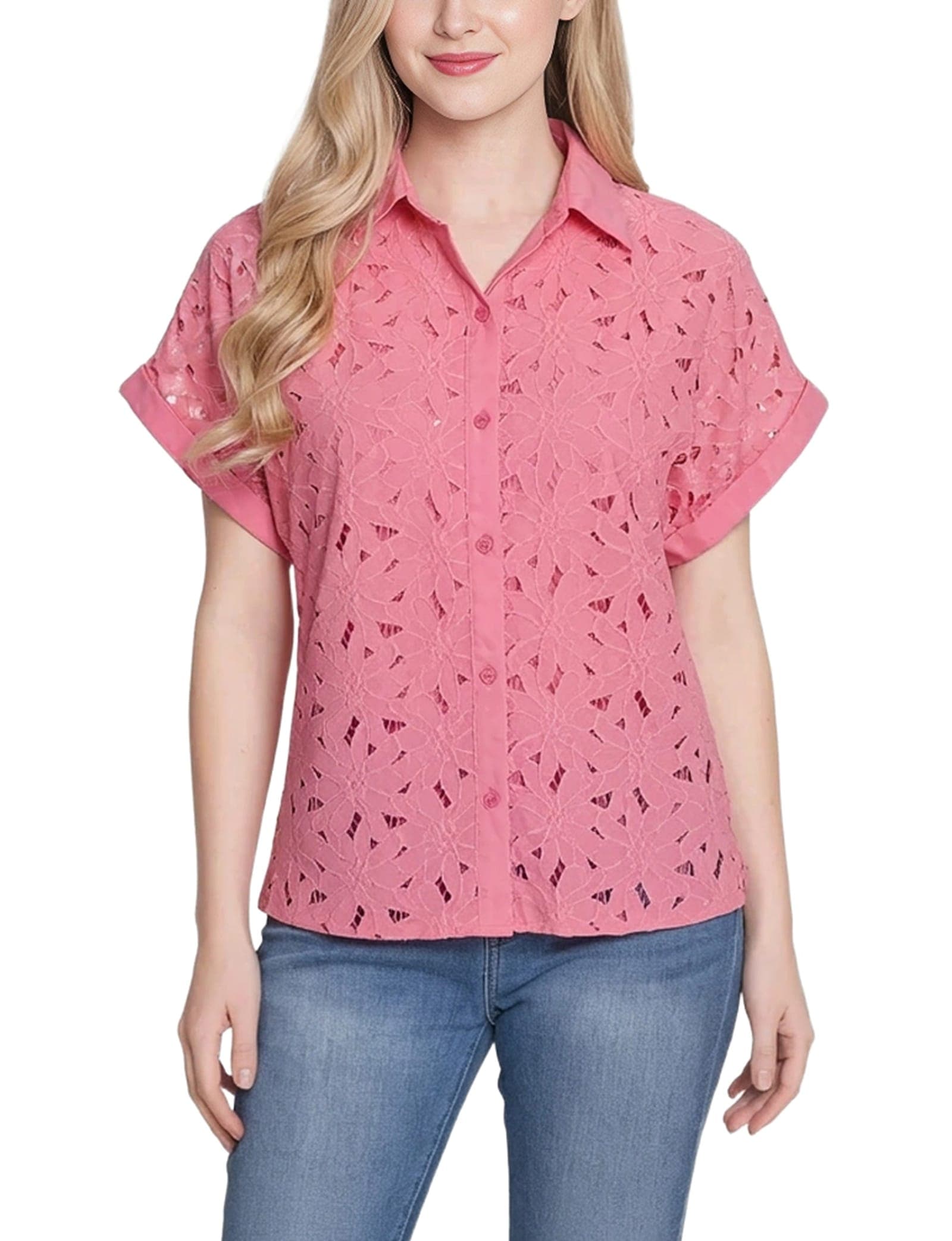 Petite Short Sleeve Eyelet Blouse