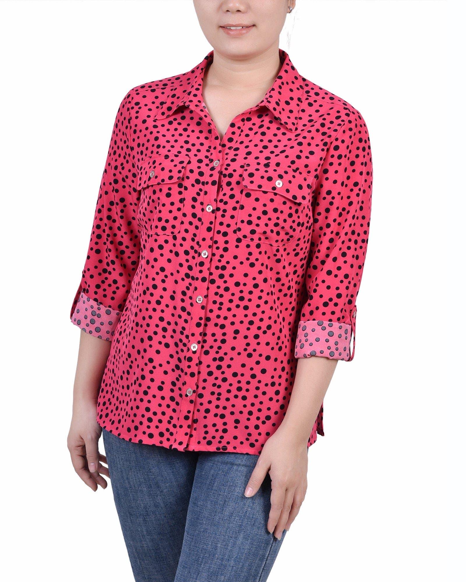 Petite 3/4 Roll Tab Blouse with Pockets