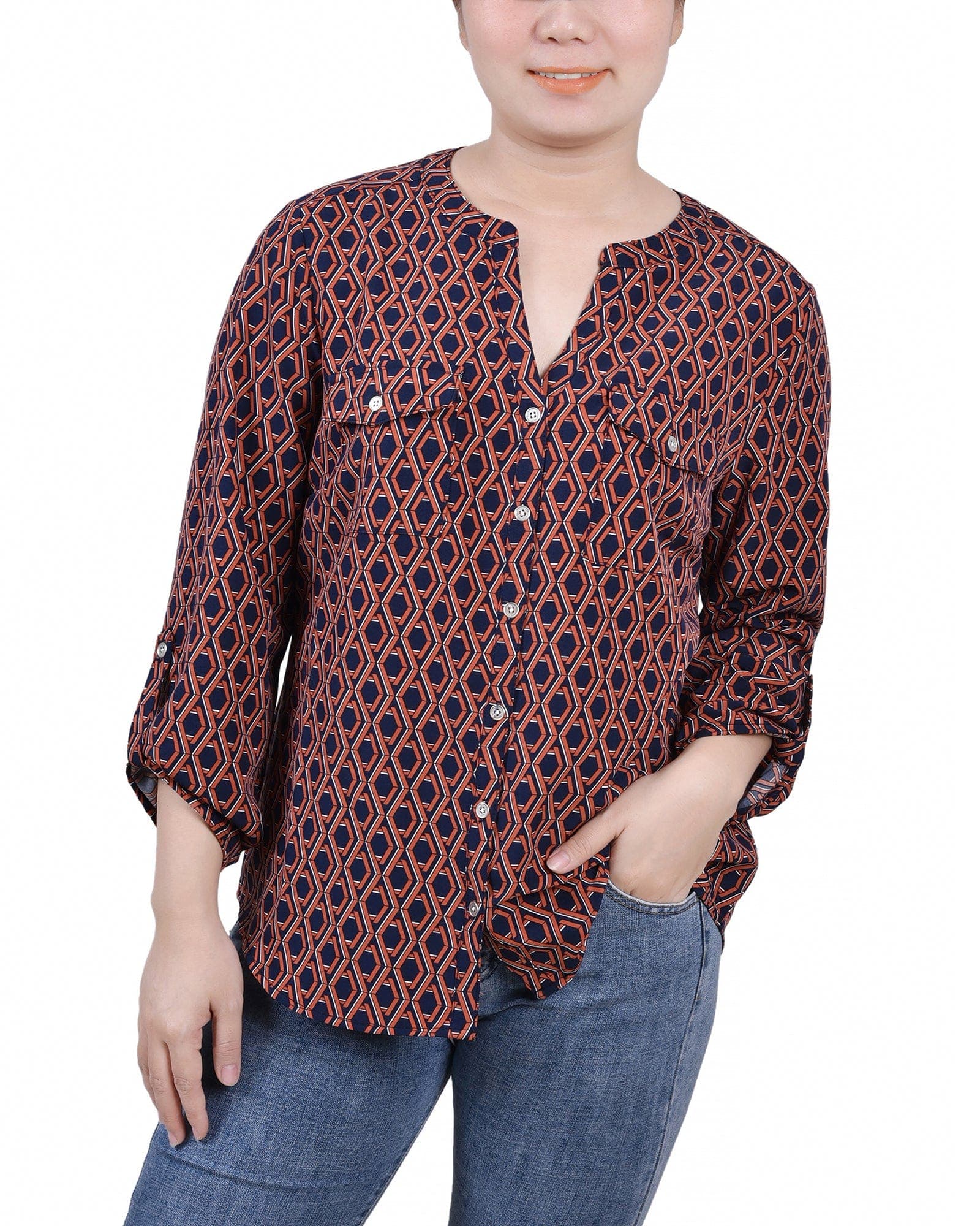 Petite 3/4 Sleeve Roll Tab Y Neck Blouse