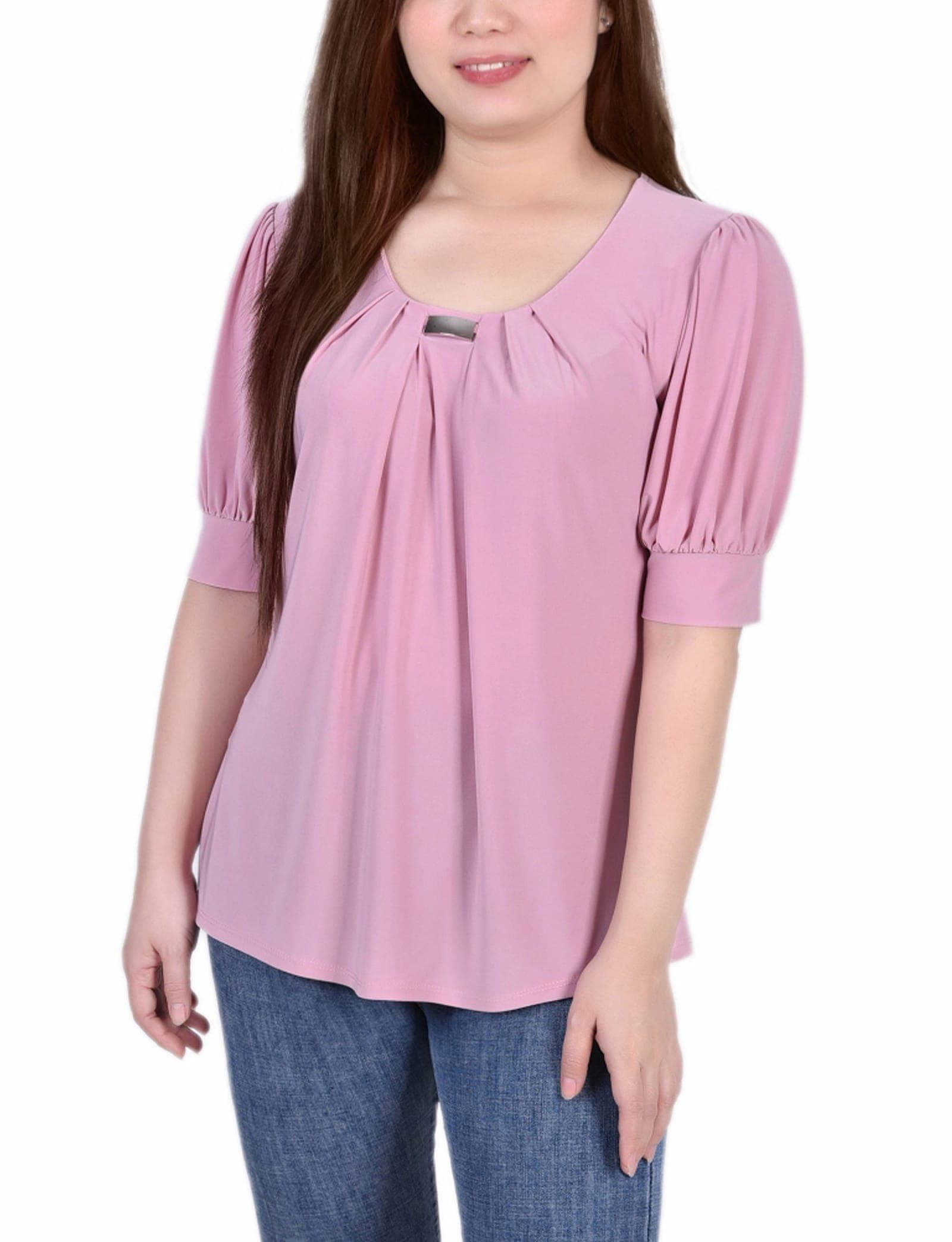 Short Sleeve Balloon Sleeve Top with Hardware