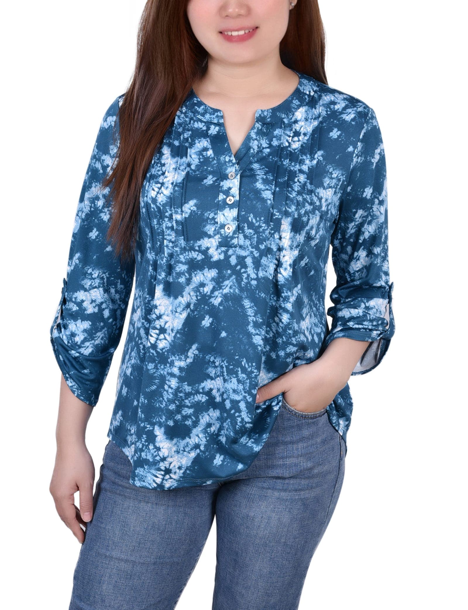 Knit Jacquard 3/4 Sleeve Roll Tab Top
