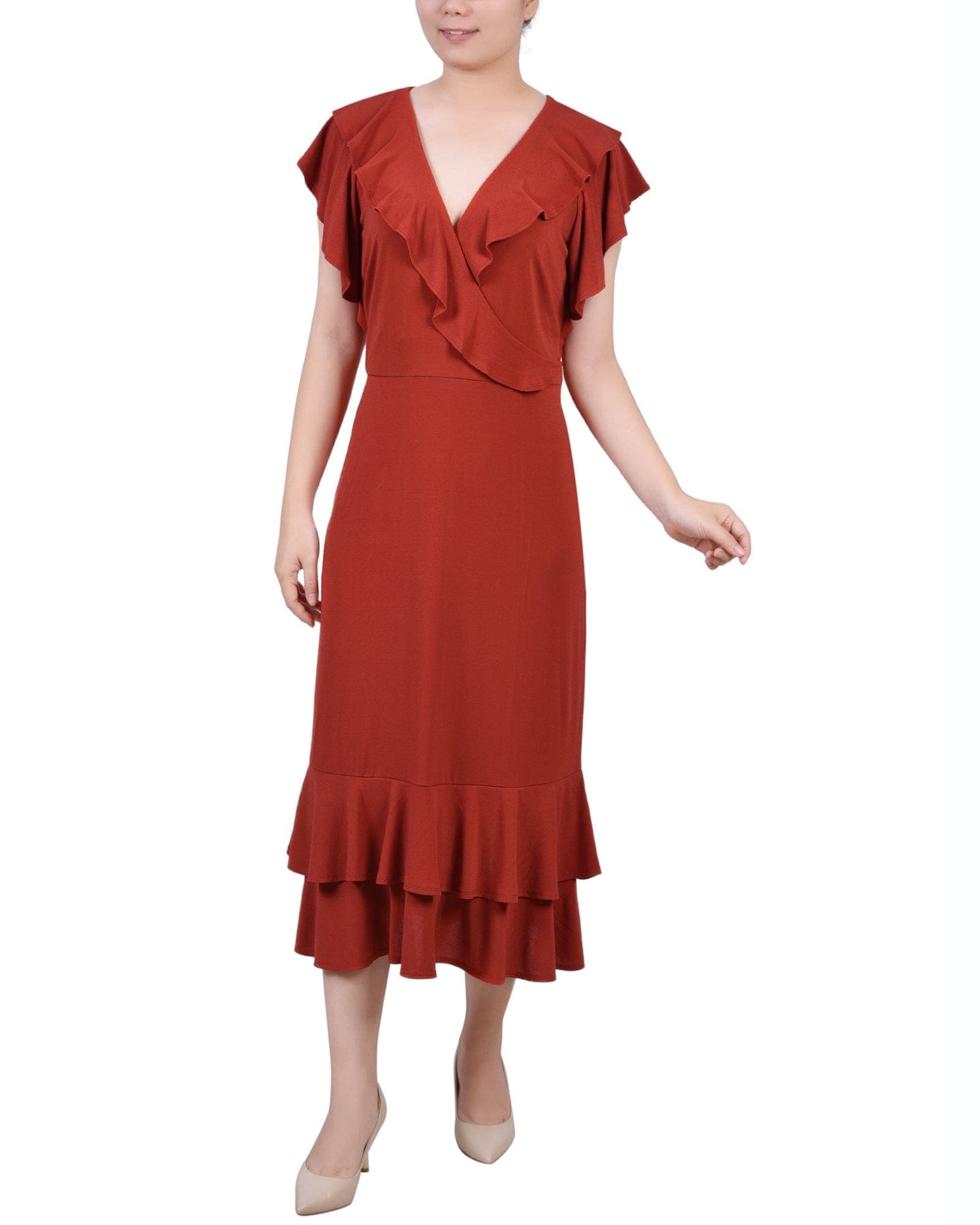 Short Flutter Sleeve Ruffle Neck Dress