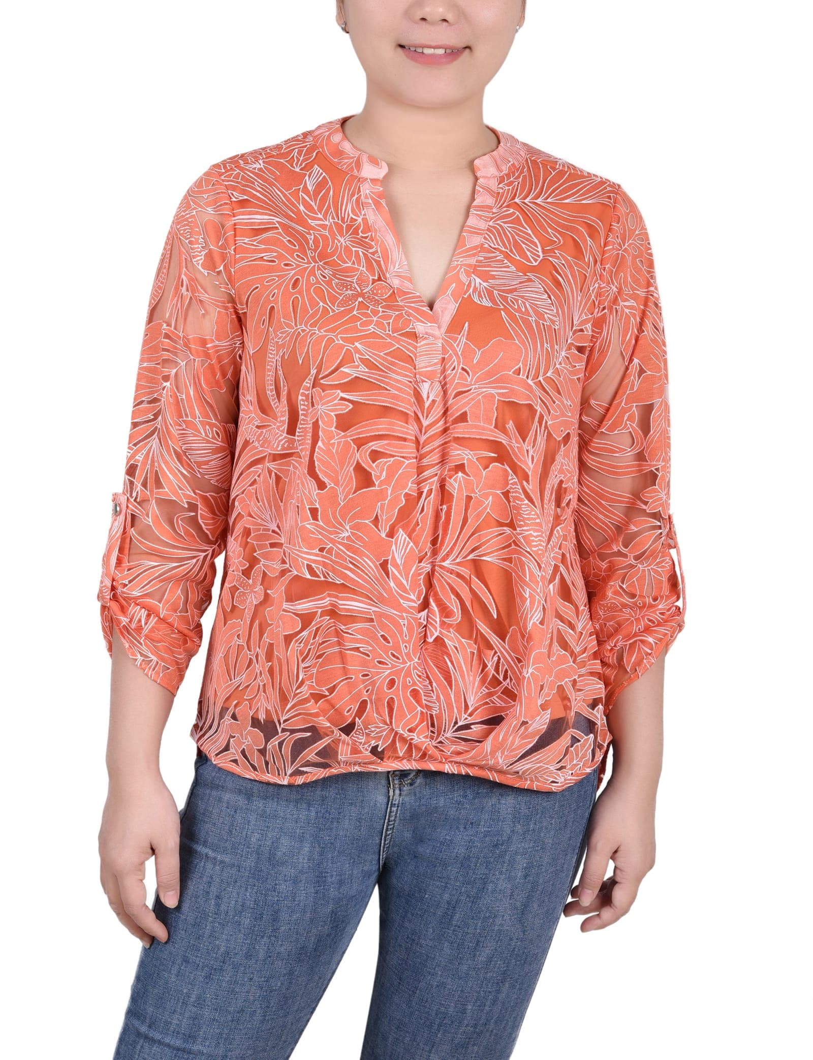 Long Sleeve Burnout Y Neck Blouse